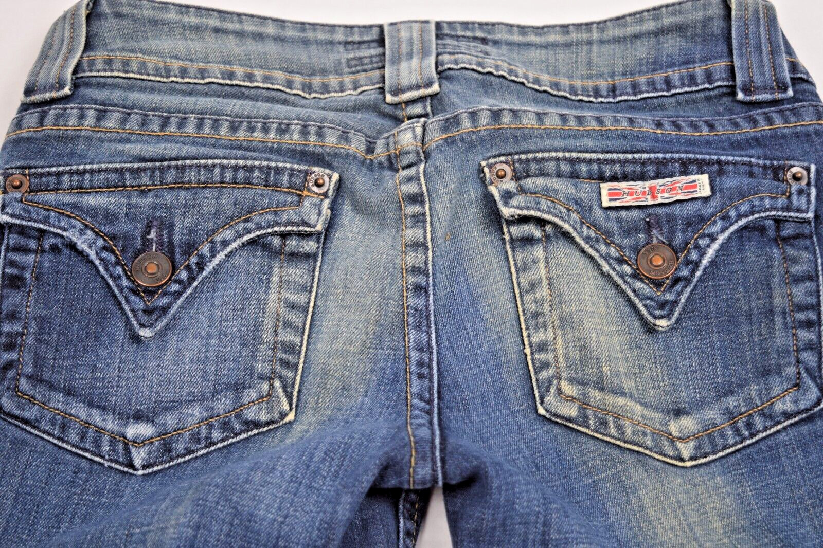 VTG Jeans Hudson Size 26 x 32 S/M 90s Med Blue Fading Low Rise Flared Made USA