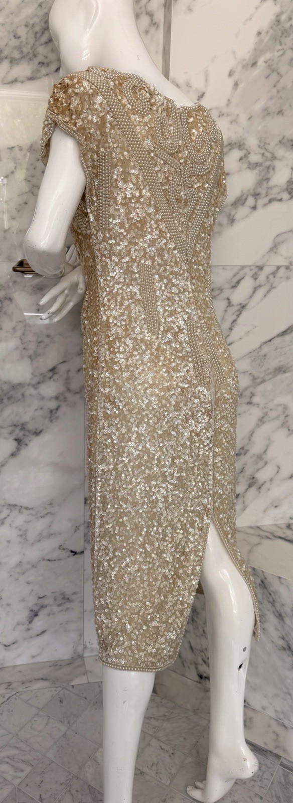 Vintage Laurence Kazar Paris II Nude Gold Sequin Pearl Beaded Cocktail Dress M