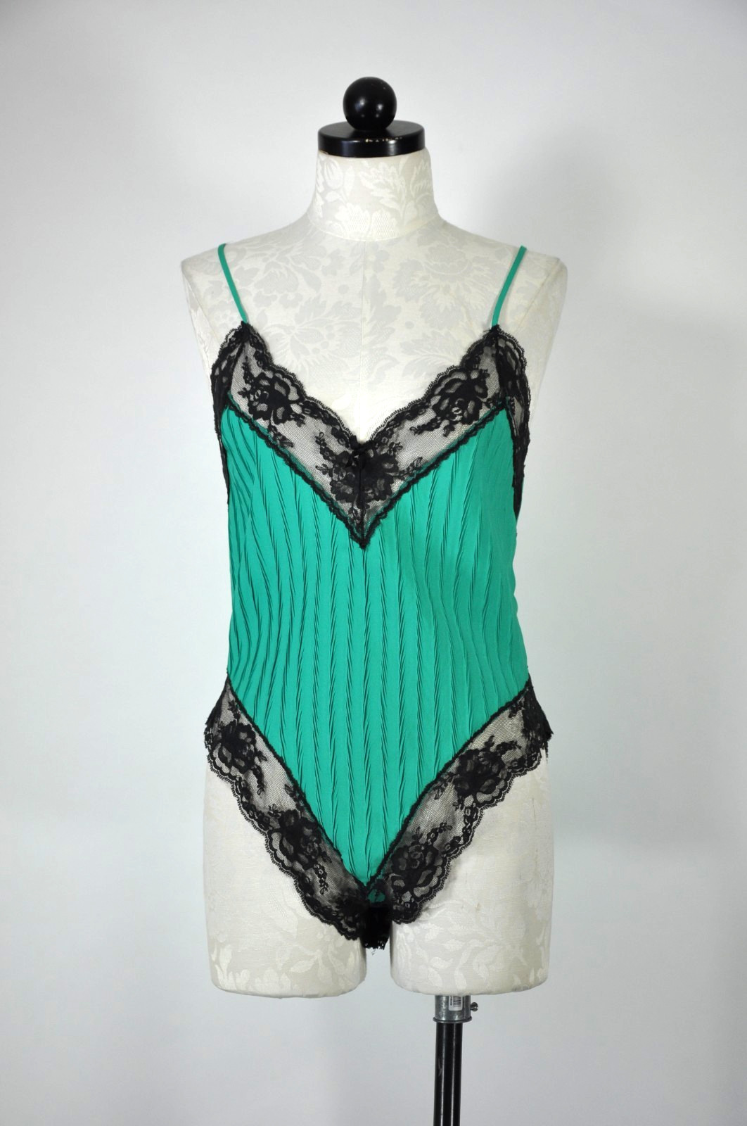 80s Emerald Green Lace Backless One Piece Teddy Lingerie Bodysuit Women S M