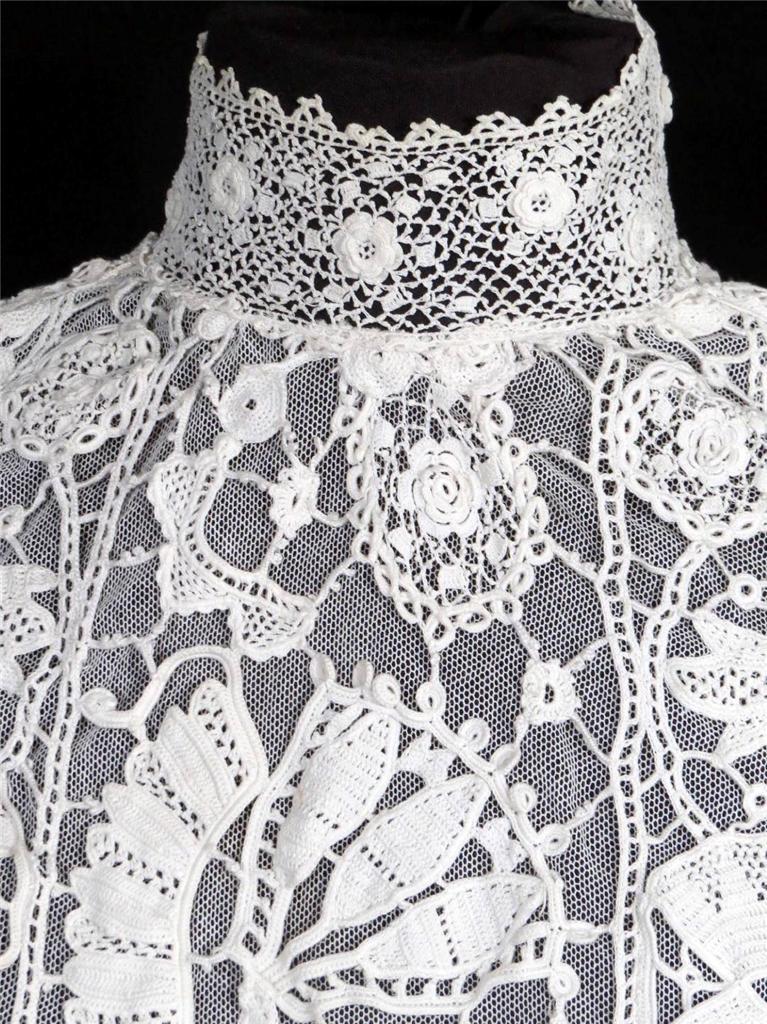 RARE ANTIQUE FRENCH VICTORIAN WHITE COTTON NET AND LACE BLOUSE SIZE 36-38