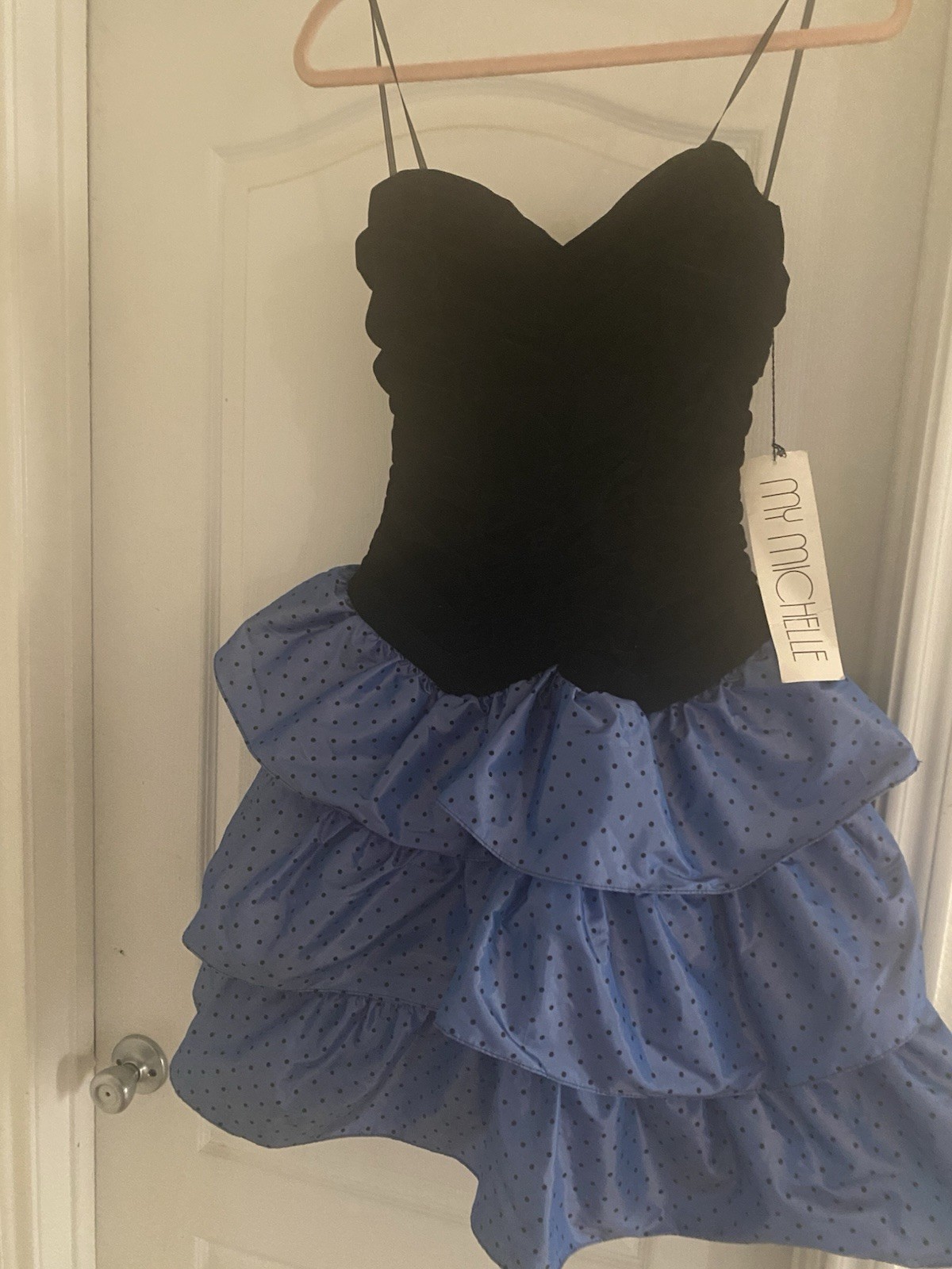 VTG Y2K My Michelle Strapless Black Velvet Bodice Polka Dot Tiered Dress 11/12