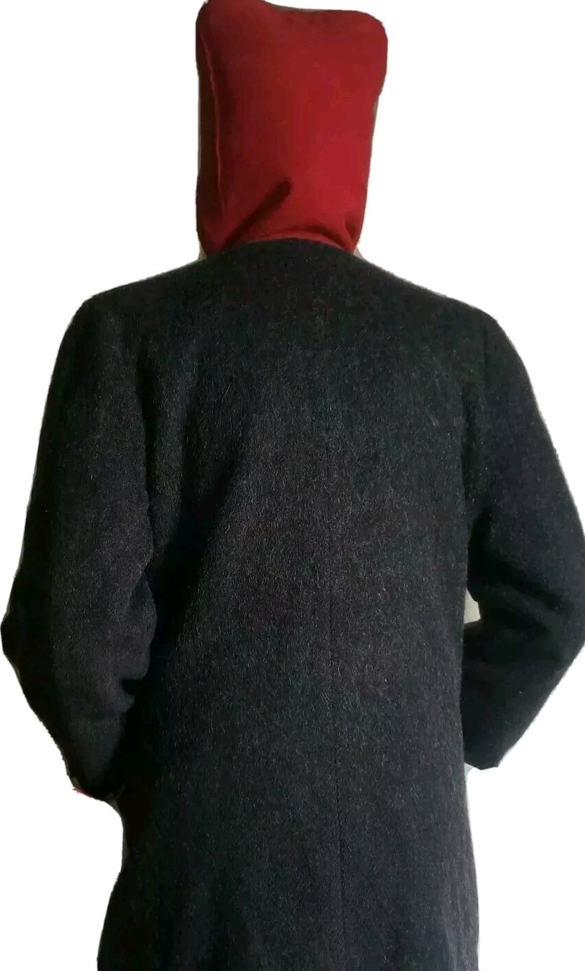 VTG 50s Gray Duffle Coat w/ SCARLET RED COUDEROY TRIM, Hood & Patch Pockets M