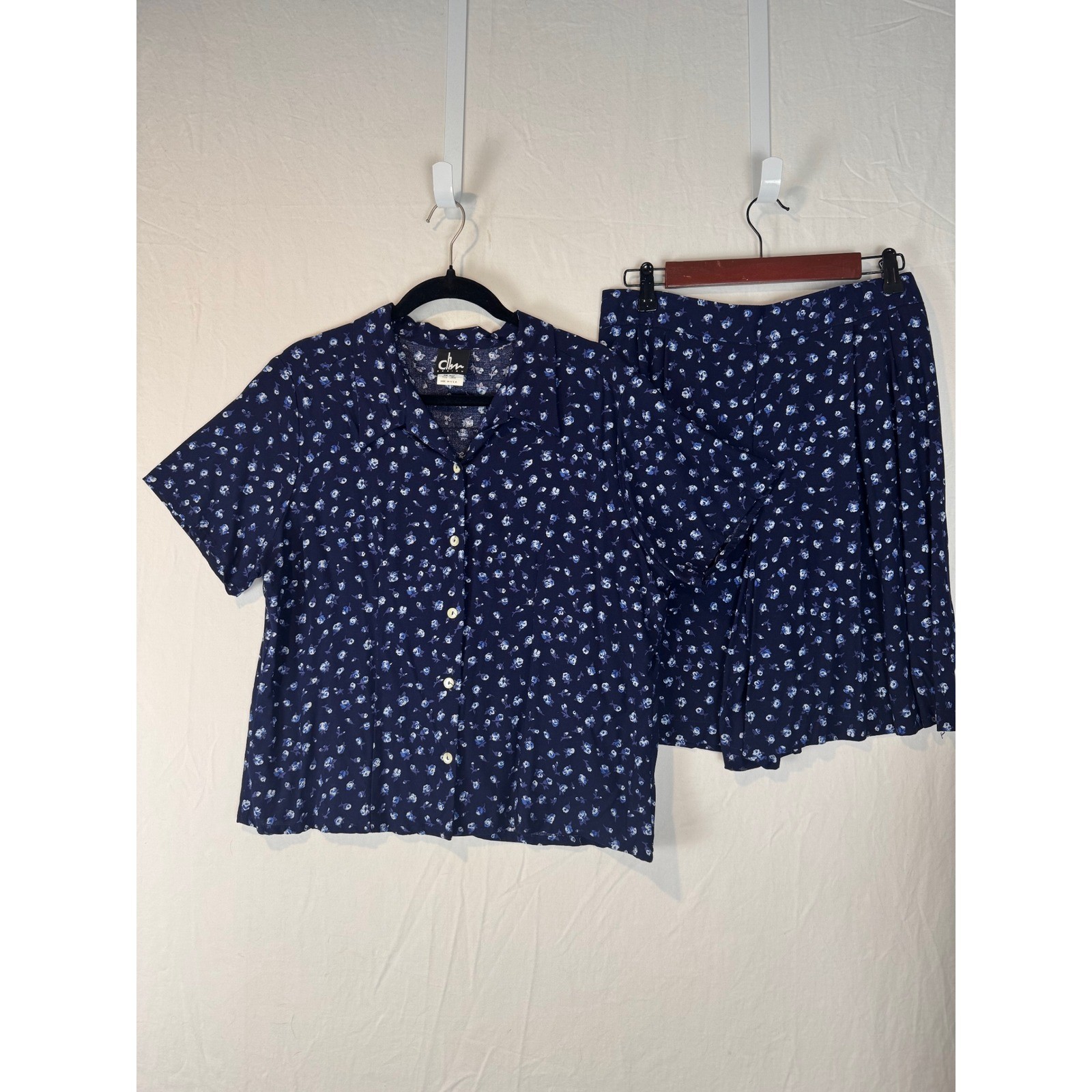 Vtg CHM Design Blue Floral Rayon 2 Piece Set Shirt Shorts LRG Summer Cottagecore