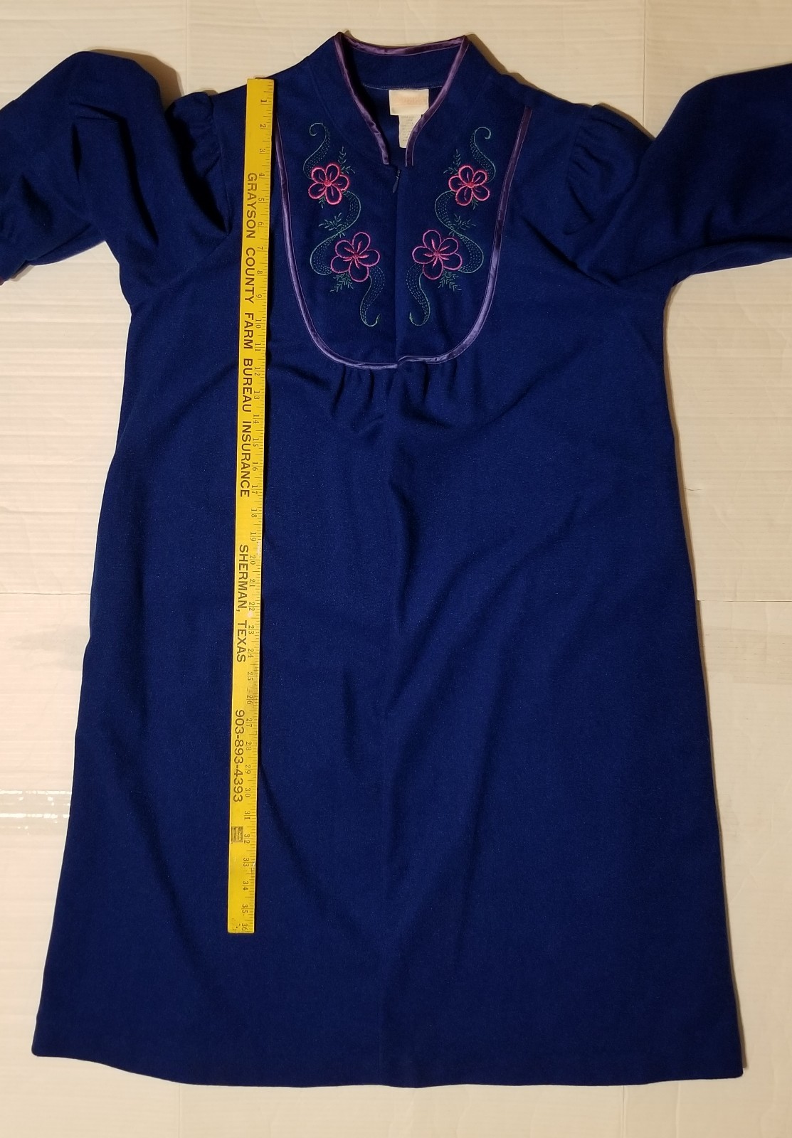 Vintage Adonna Large Warm Soft Housecoat Robe Dressing Gown Blue Embroidered