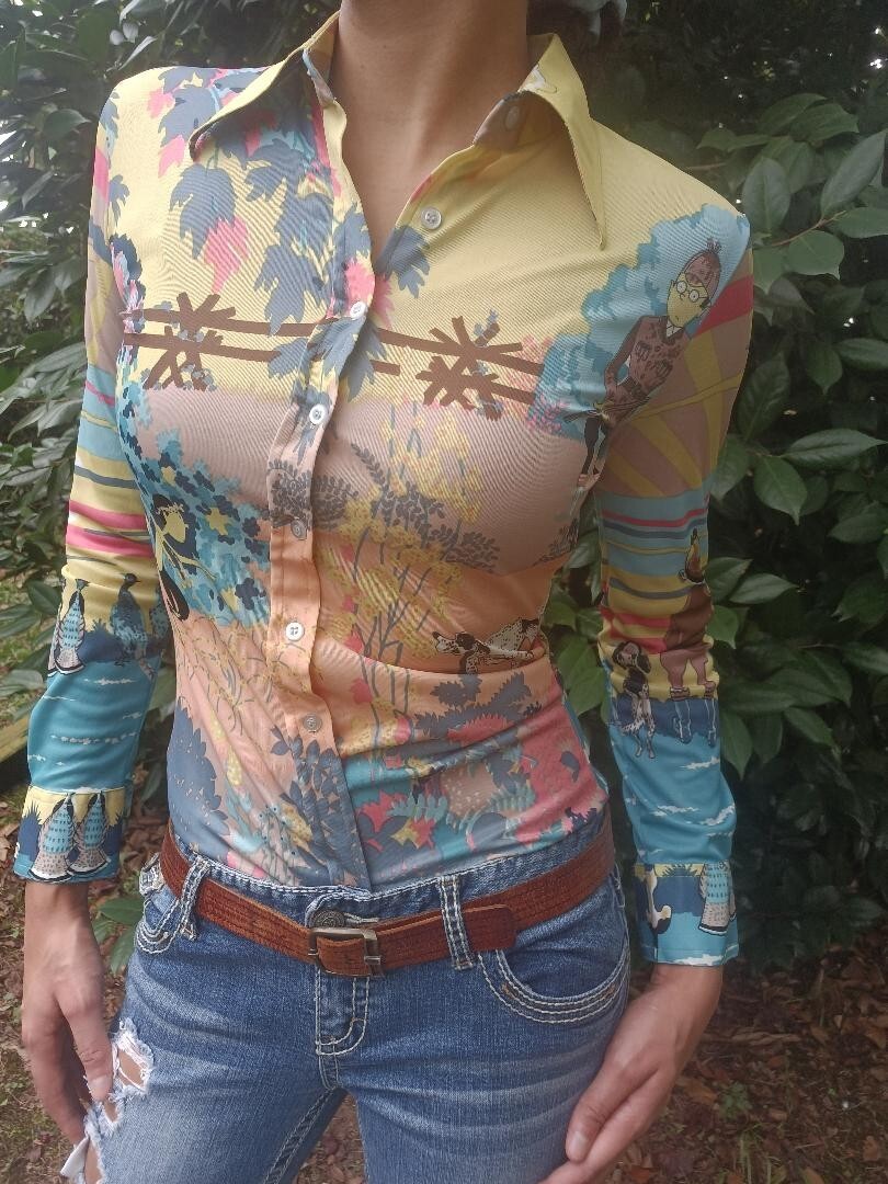 vintage 70s women polyester SULTRA Faun In The Woods shirt size med psychedelic