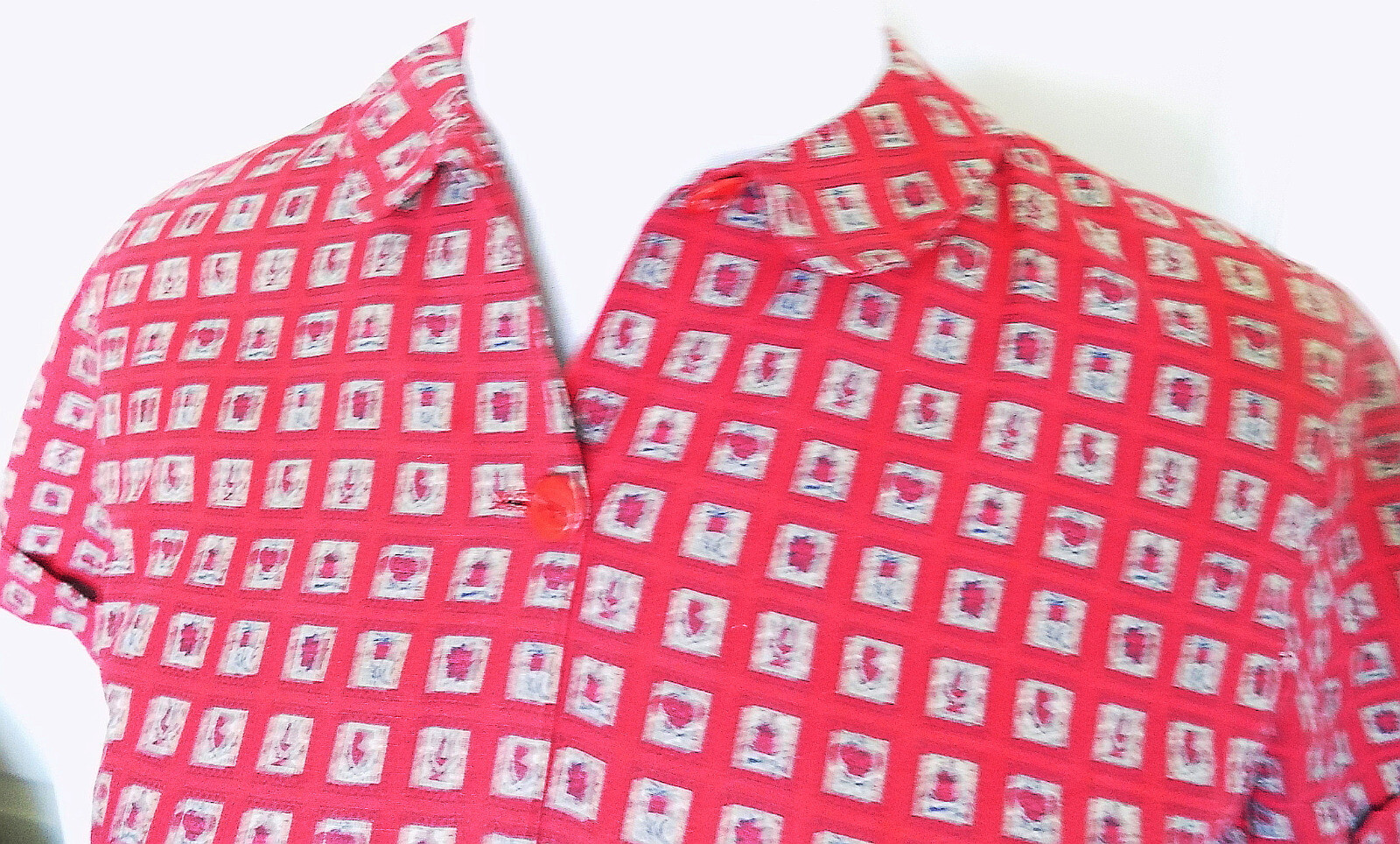 Vintage Red Gray Block Print Blouse Short Sleeved B38