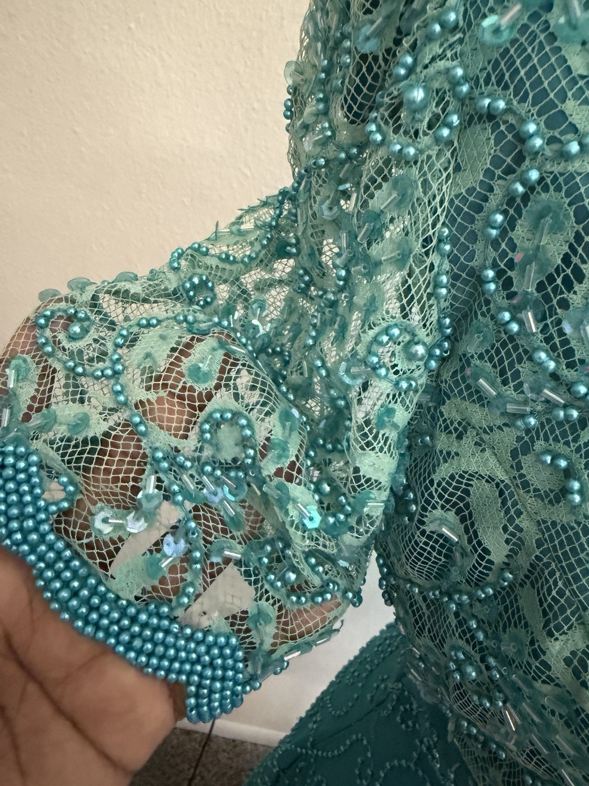 Creative Creations Vintage 100% Silk Dress – Teal Blue Beaded Embroidered Size 8