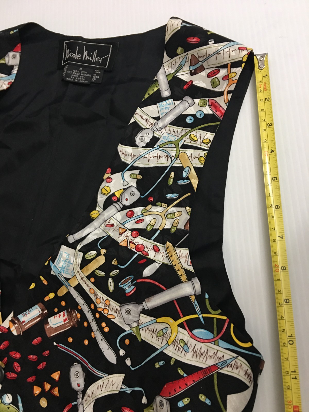 Vintage 90s Nicole Miller Novelty Doctor Medical Print Vest Silk M