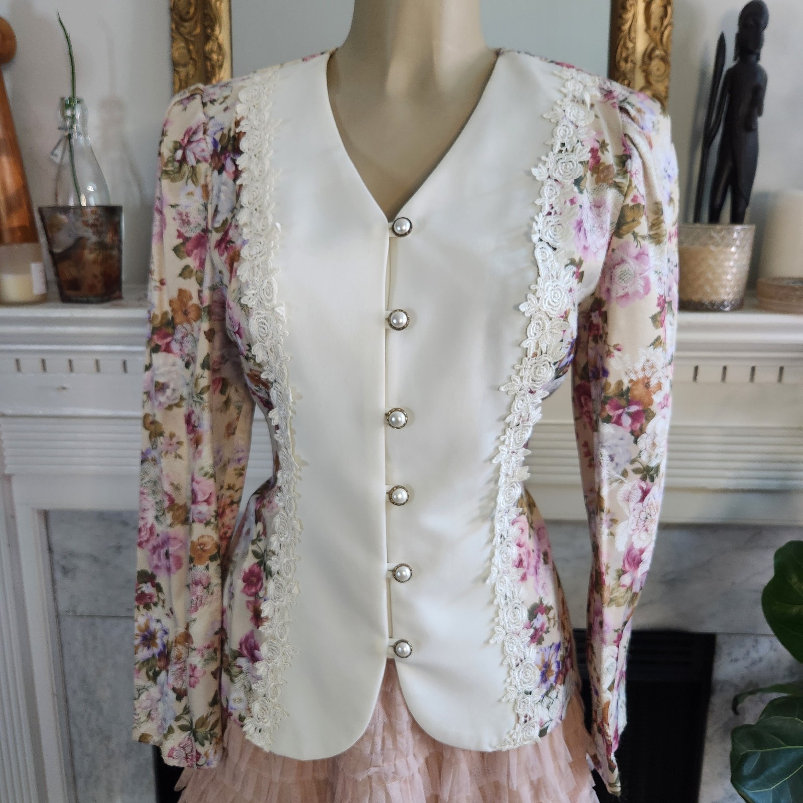 Vintage 80s Ivory Floral Blazer Lace Pink Fitted Cottagecore Romantic Size Large