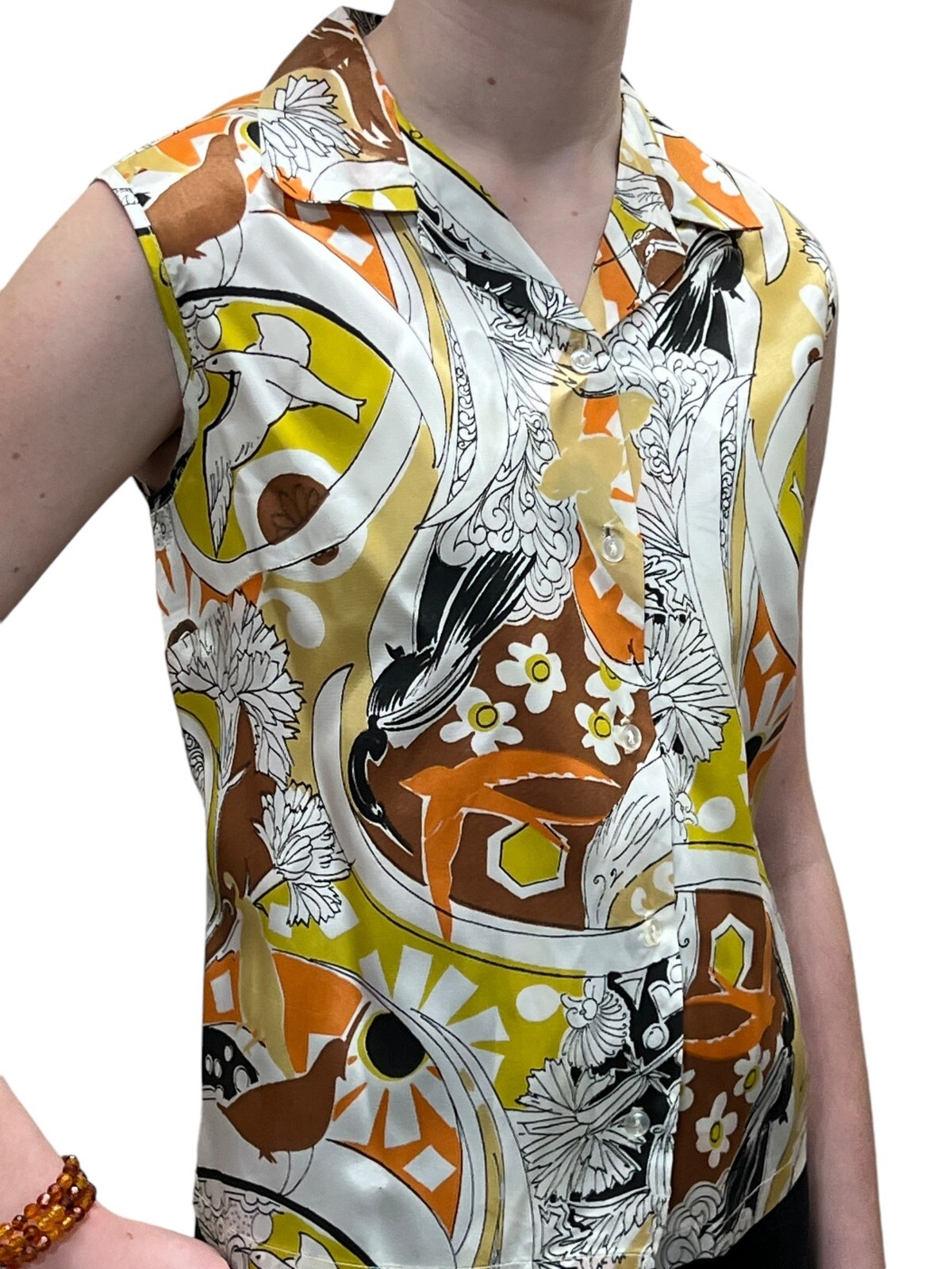 Sz M Vtg 50s Shirt Atomic Birds Print Blouse Silky Acetate Sleeveless Button Top