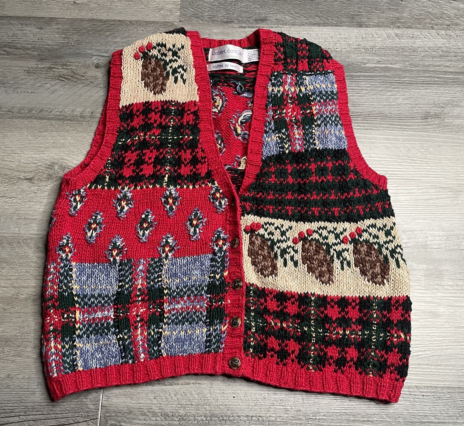 Vtg Robert Scott Ltd Hand Knit Christmas Sweater Vest Patchwork Pinecone Plaid L
