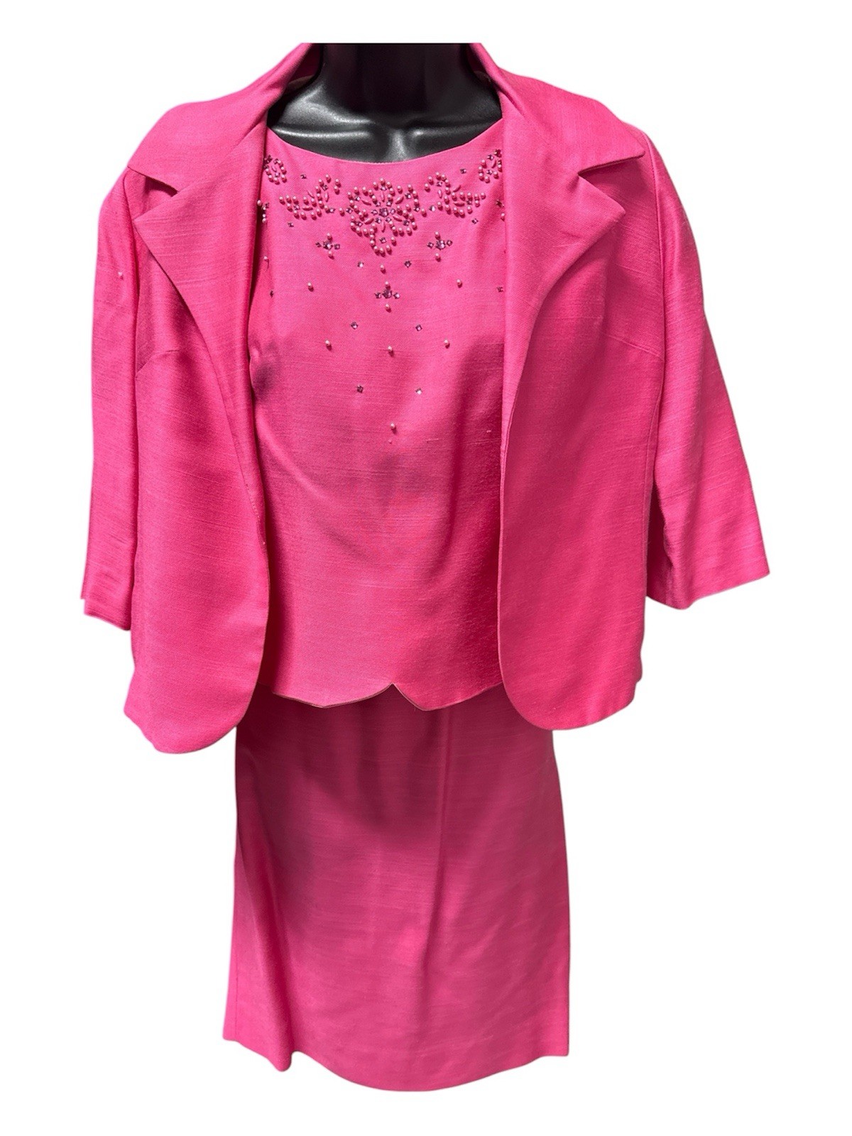 Vintage Marcy Allen International 3 Pc Barbie Pink Beaded Skirt Suit Set S/M