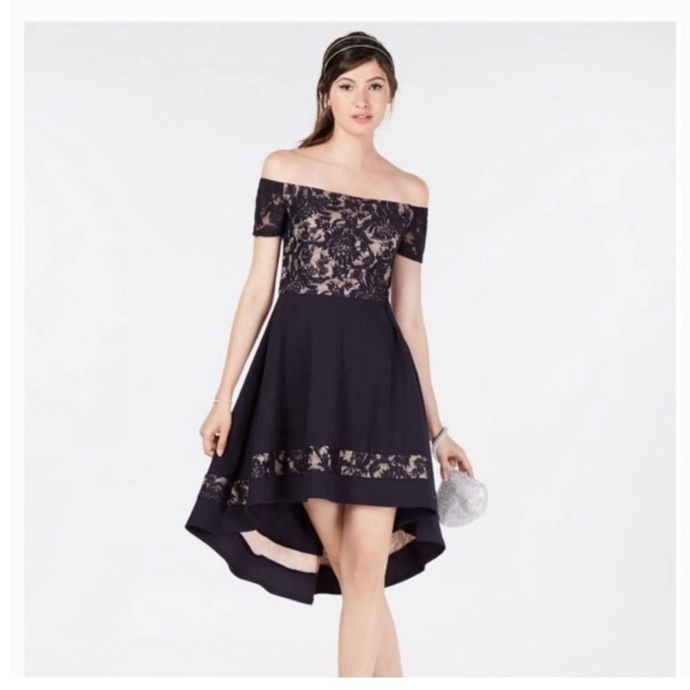 Jodi Kristopher Vintage Navy Floral Lace Off-the-Shoulder High-Low Dress 1