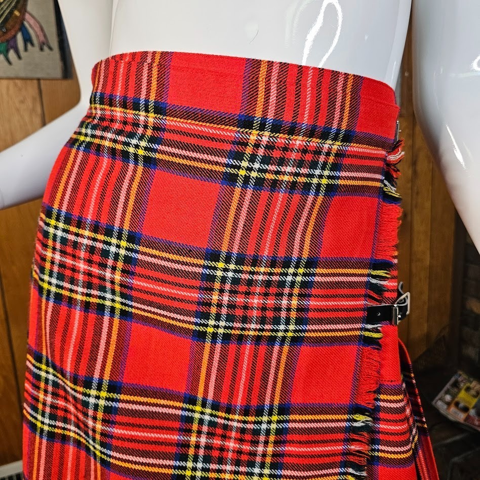 Vtg 80s British Punk Tartan Plaid Accordion Pleated Wool Buckle Wrap Skirt XS/S