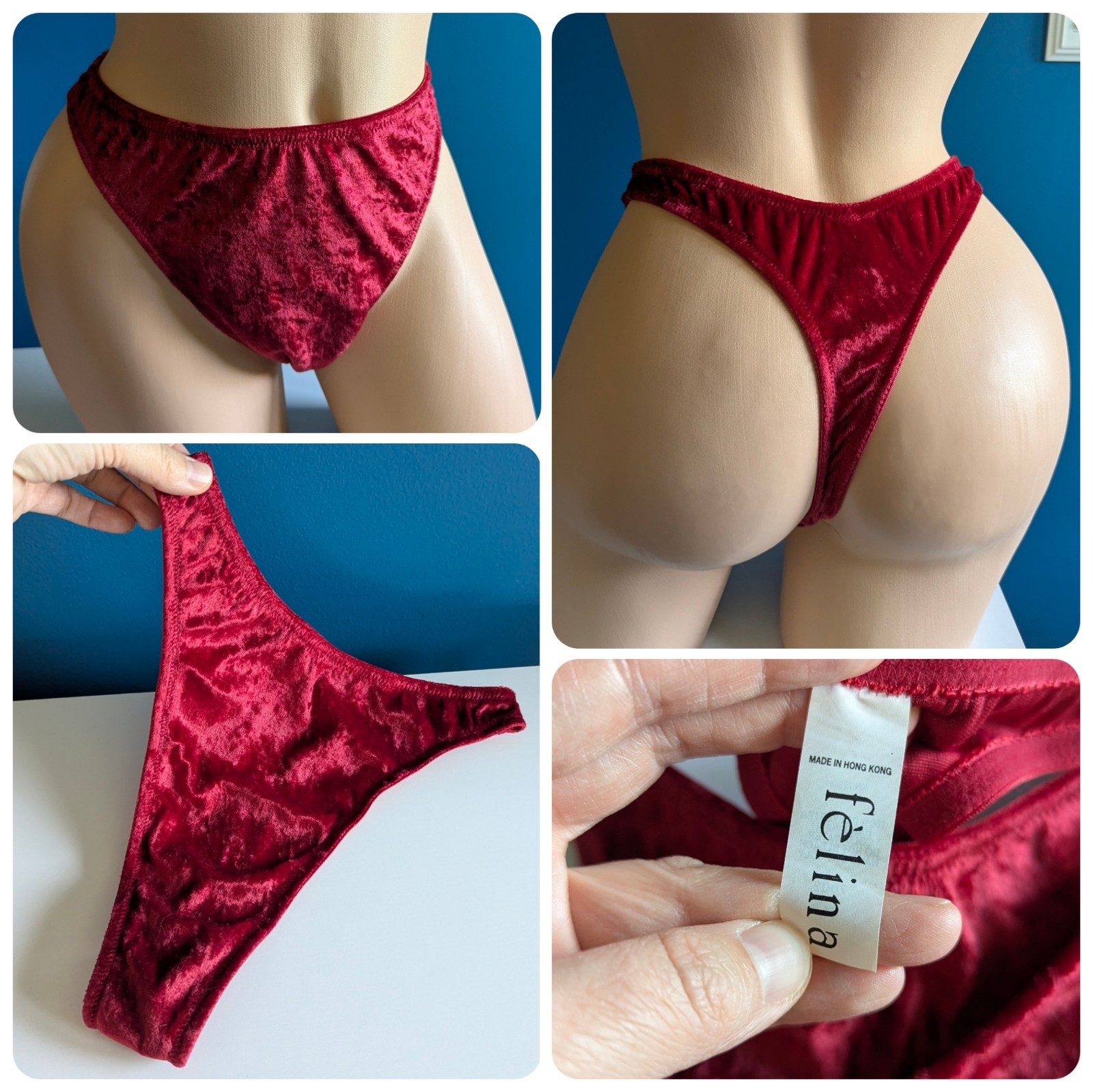 Vtg 90s Y2K Red Crushed Velvet Thong Panties Sz L NWOT Vintage FELINA Panty