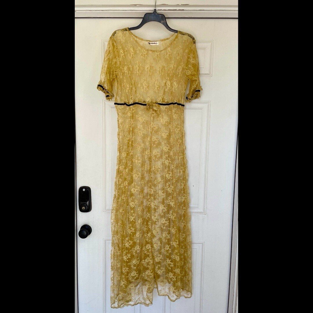 Vintage Sheer Yellow Crinkled Lacy Maxi Dress by Alexander Brown Whimsigoth 1990