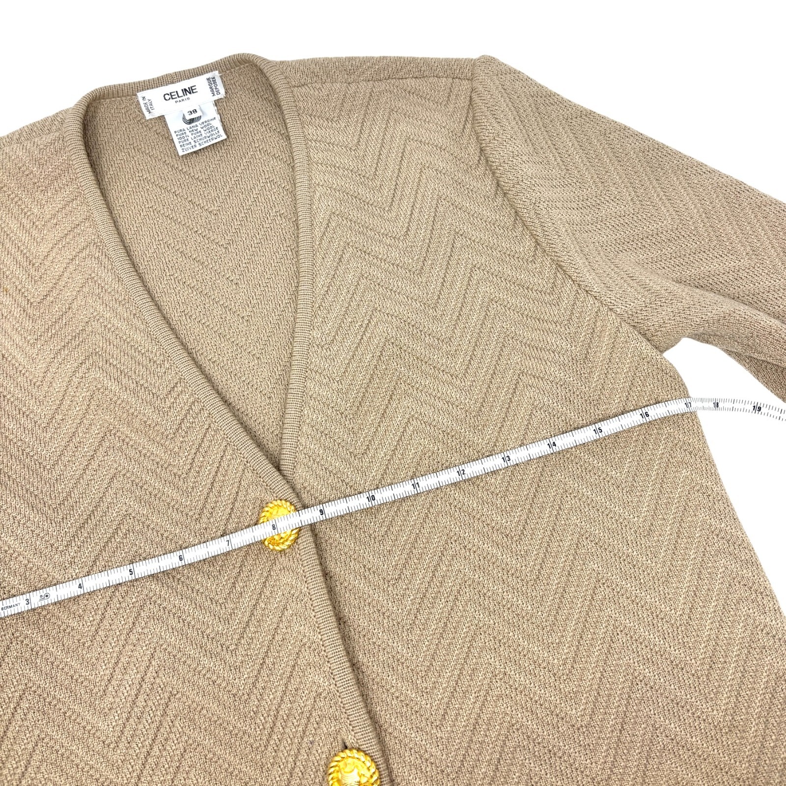 CELINE Vintage Macadam Logo Rib Knit Cardigan #38 Button Light Brown Gold Wool