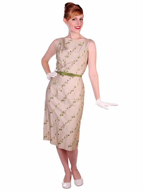 VTG 60s Floral Sheath Dress S Tan Polished Cotton Embroidered Belted XS