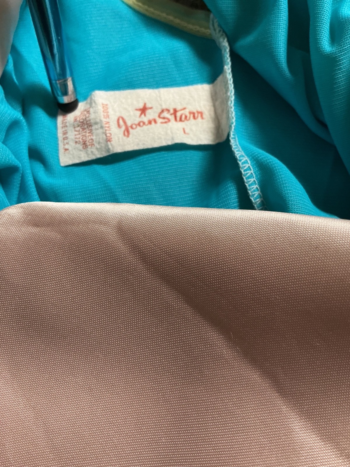 VINTAGE JOAN STARR 2 LAYER NYLON NIGHTGOWN AQUA COLOR SATIN COLLAR SZ. L