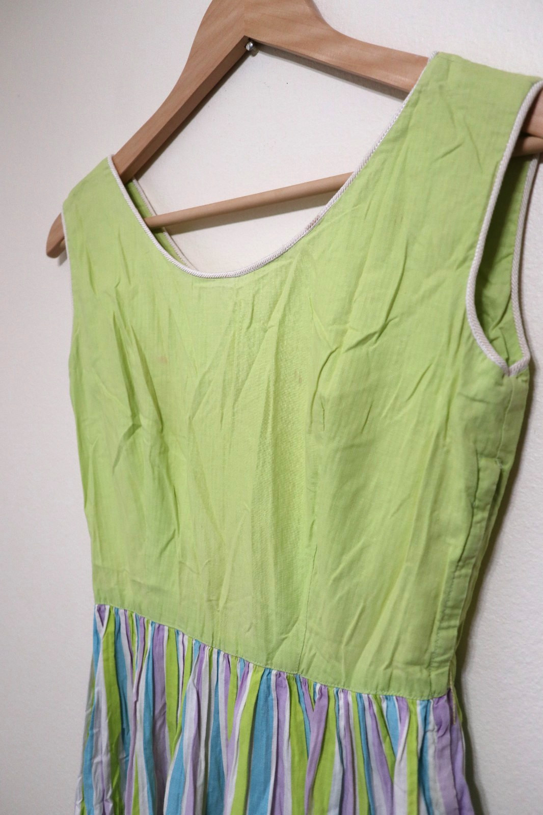 50s Abby Kent Chartreuse Stripe Sleeveless Tiers Full Skirt Day Dress Women XS 0