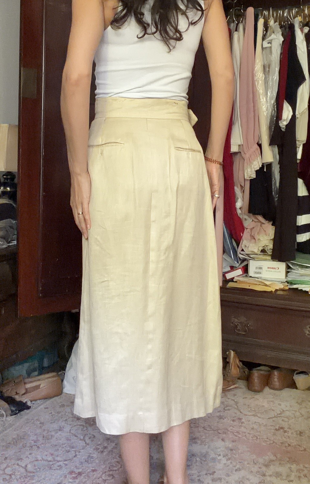 Vintage 1983 Perry Ellis Henri Bendel 100% Linen Wrap Midi Skirt Beige