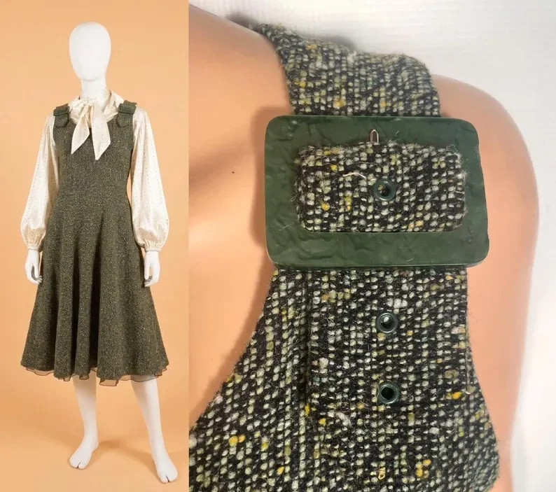Vintage 1960s Olive Green Flecked Wool Dress With Large Buckle Straps Size M
