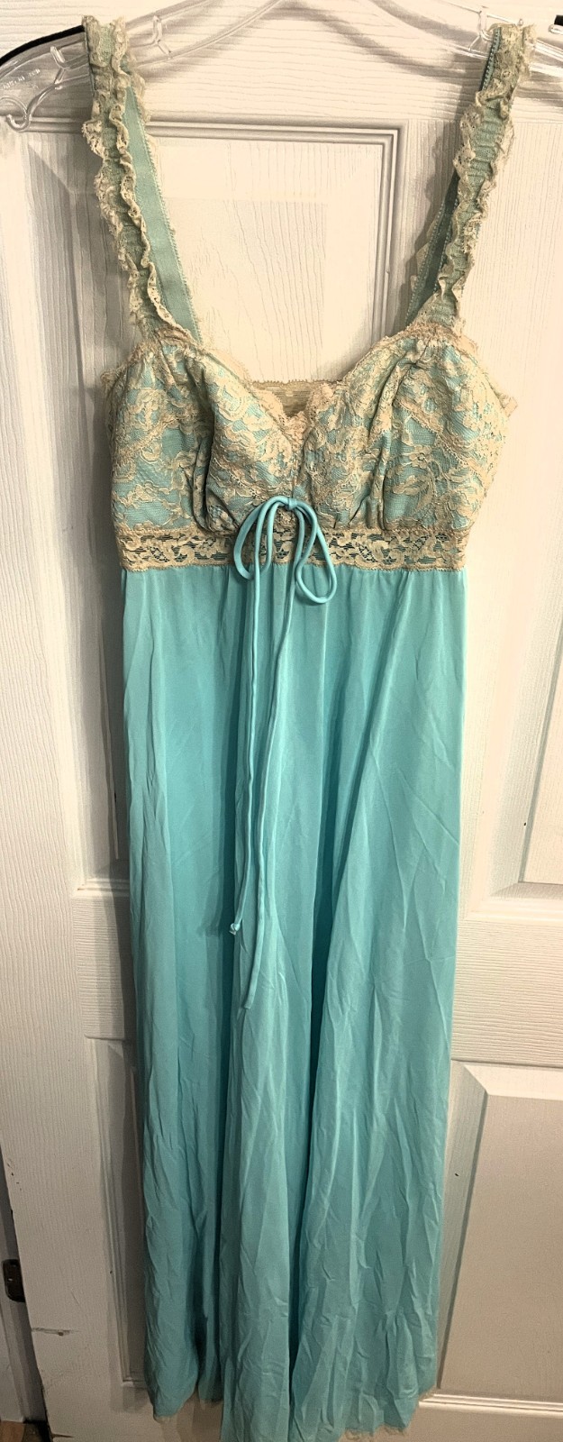 Vtg Olga Sleeping Pretty Sz 32 Nylon Lace Nightie Nightgown 9200 Turquoise Blue