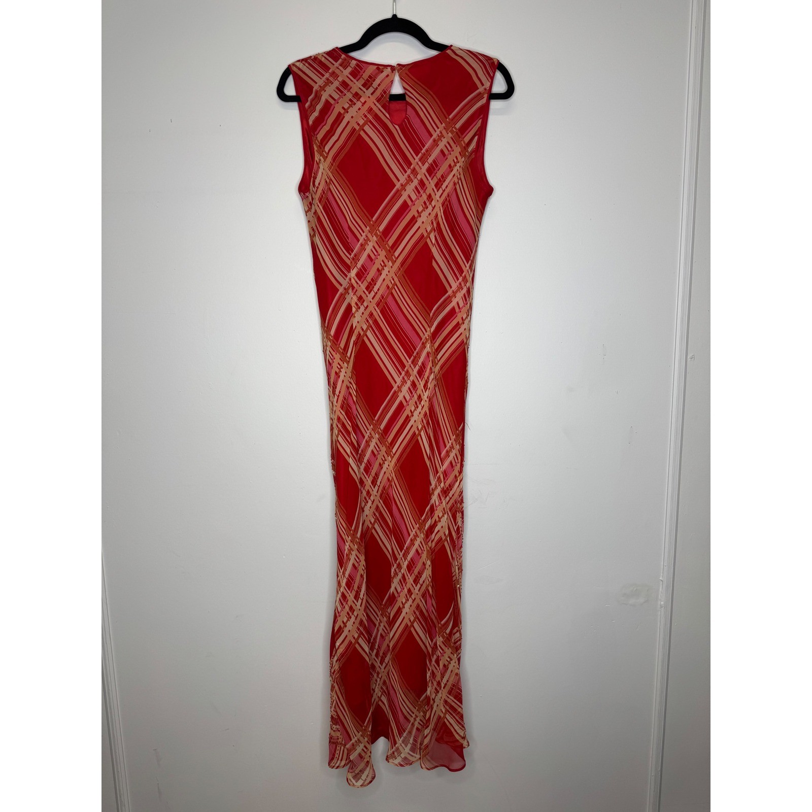 iCE Vintage 90s Y2K 100% Silk Beaded Plaid Slip Midi Dress Red Sleeveless