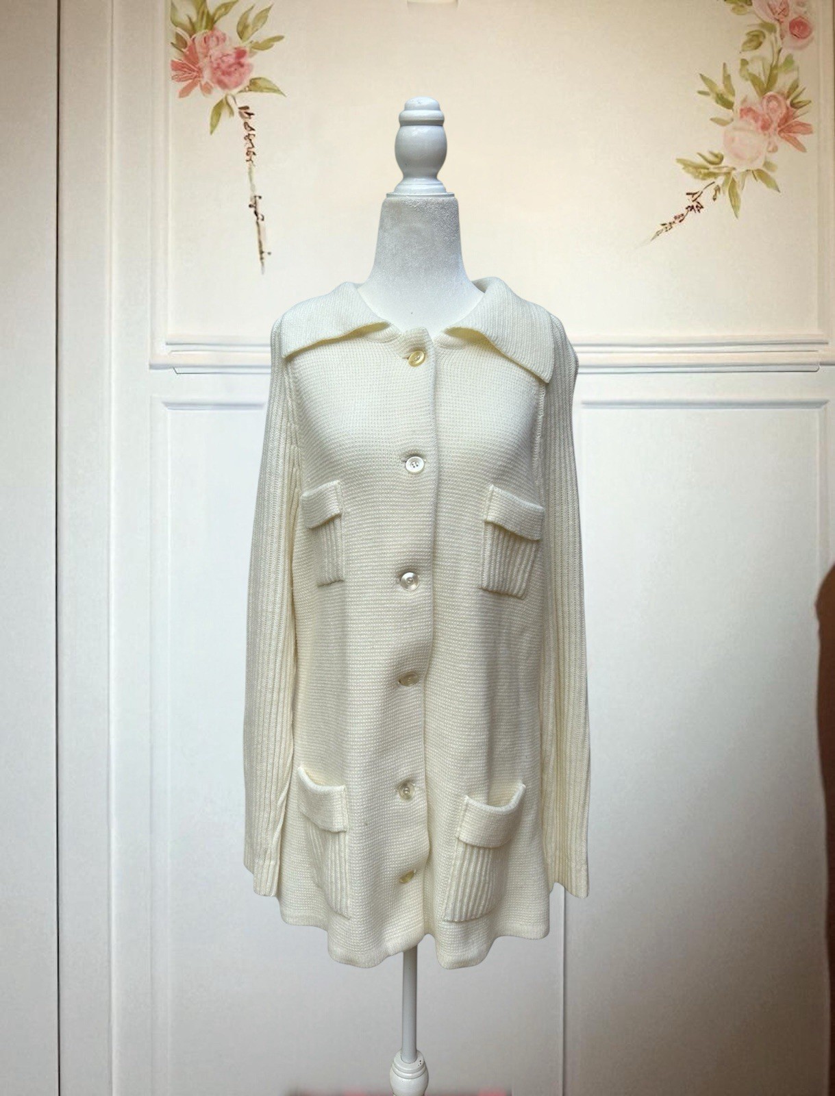 Vintage 1960s Sweater 60s Cardigan Top Cream Button Up Coat Mid Century Mod 40”