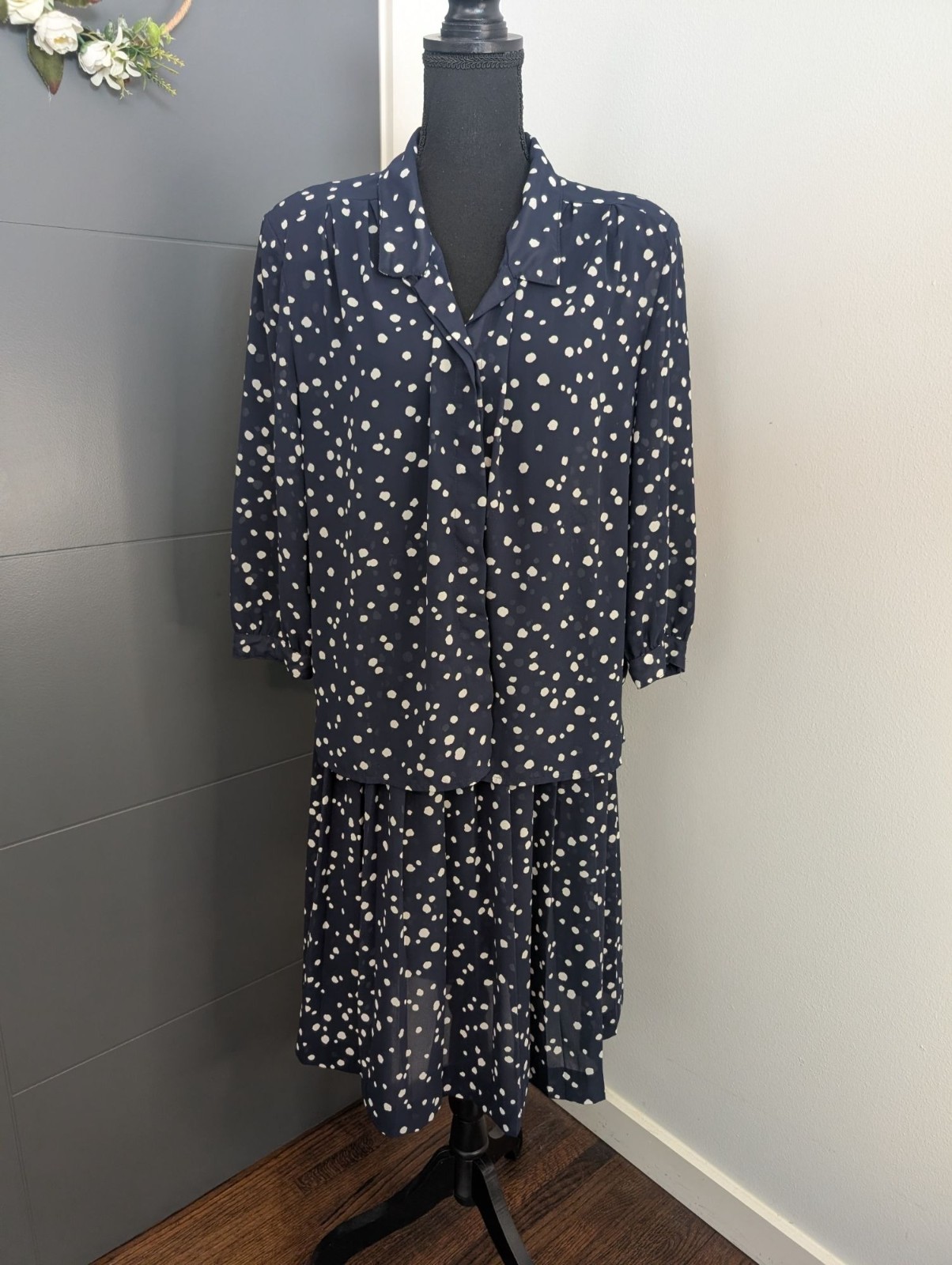 Vintage Campus Casuals Navy Polka Dot Two-Piece Set – Blouse & Skirt – 14
