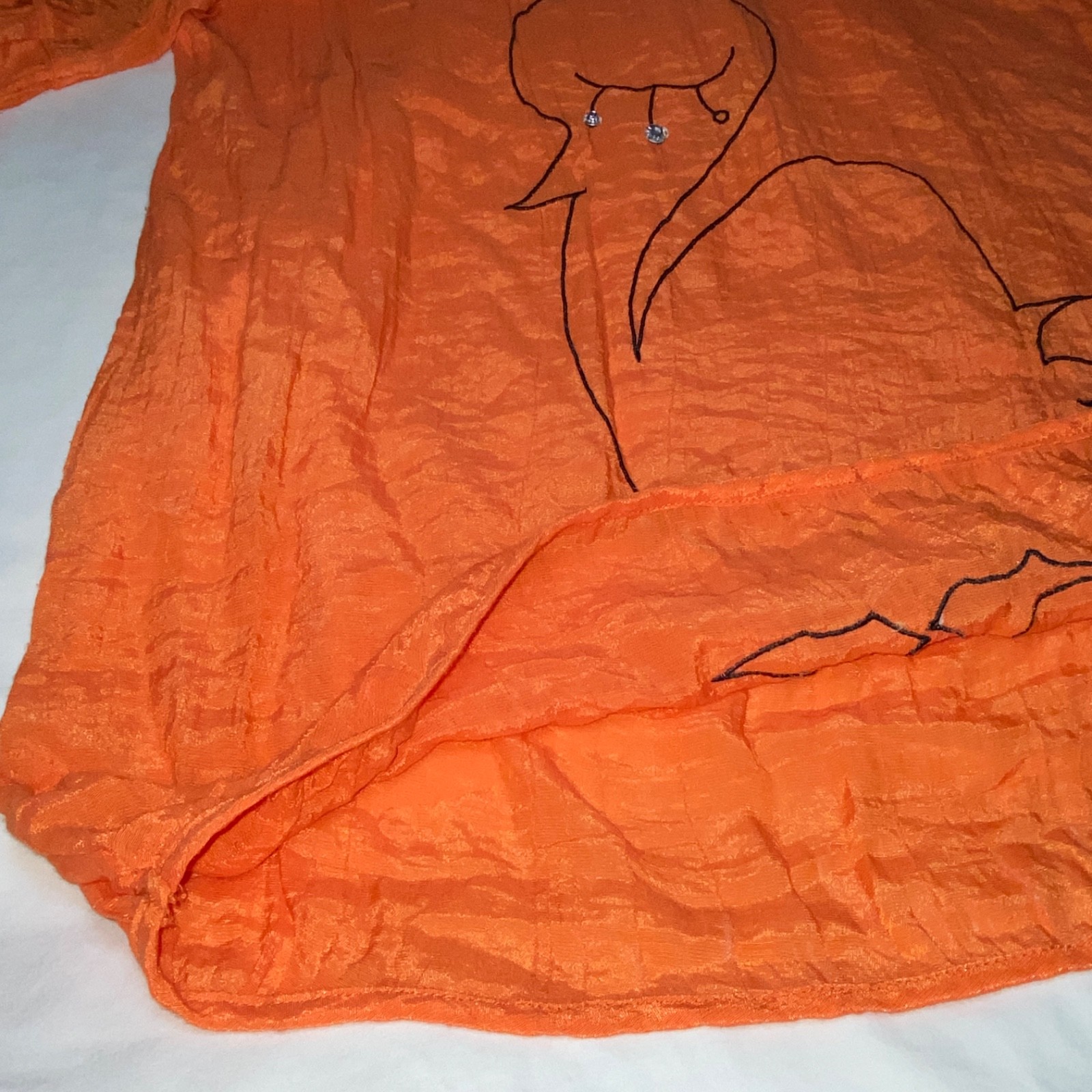 Vtg Artsy Blouse Large Orange Top Whimsical Bird Crystals Gauzy Rayon Korean m