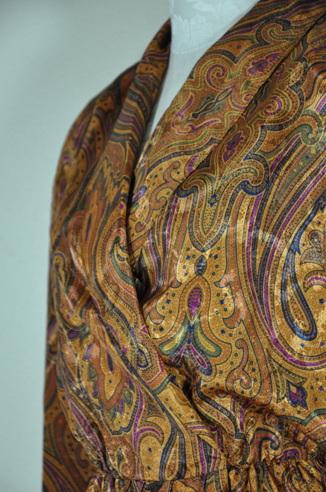 80s Vintage Spice Brown Silky Charmeuse Paisley Strong Shoulder Dress Women S M