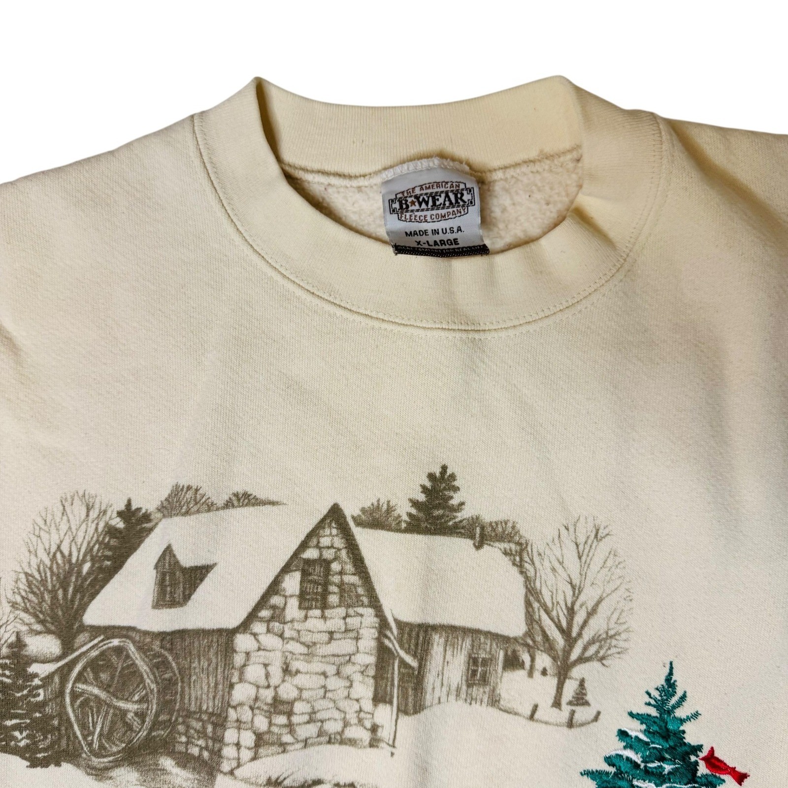 Vtg American B-Wear Fleece Embroidered Cabin Winter Country Christmas Tree XL
