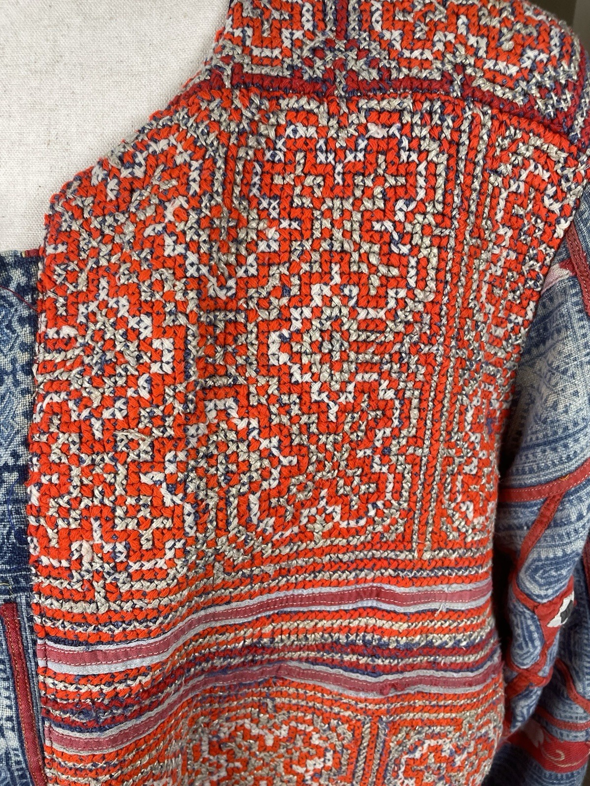 Vintage Hmong Style Embroidered Jacket Boho Ethnic Artisan Indigo Print XL
