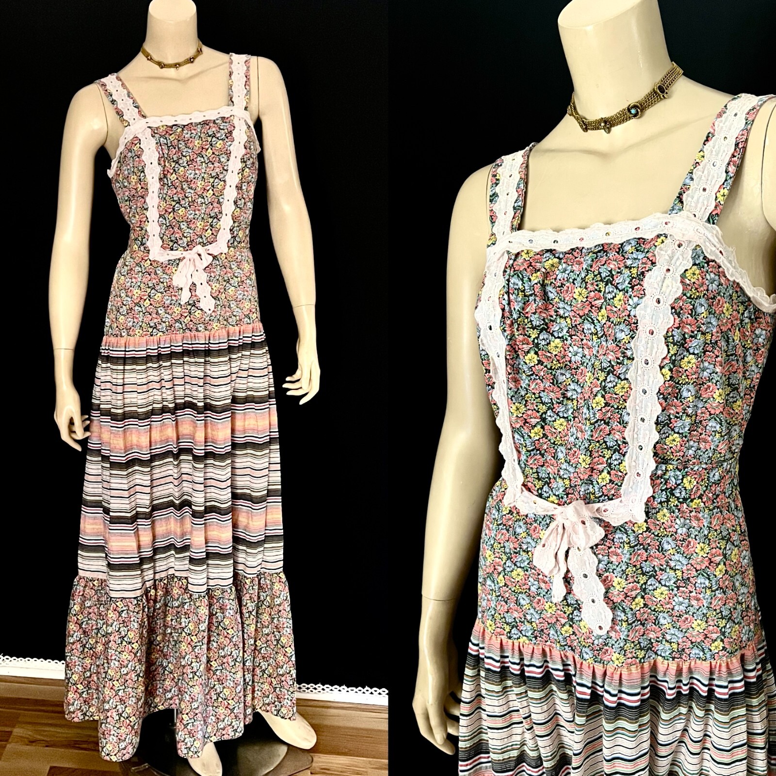 1970s Cottage Core Boho Tiered Maxi Dress, Mr. „B” of SF, California, Sm-Med.
