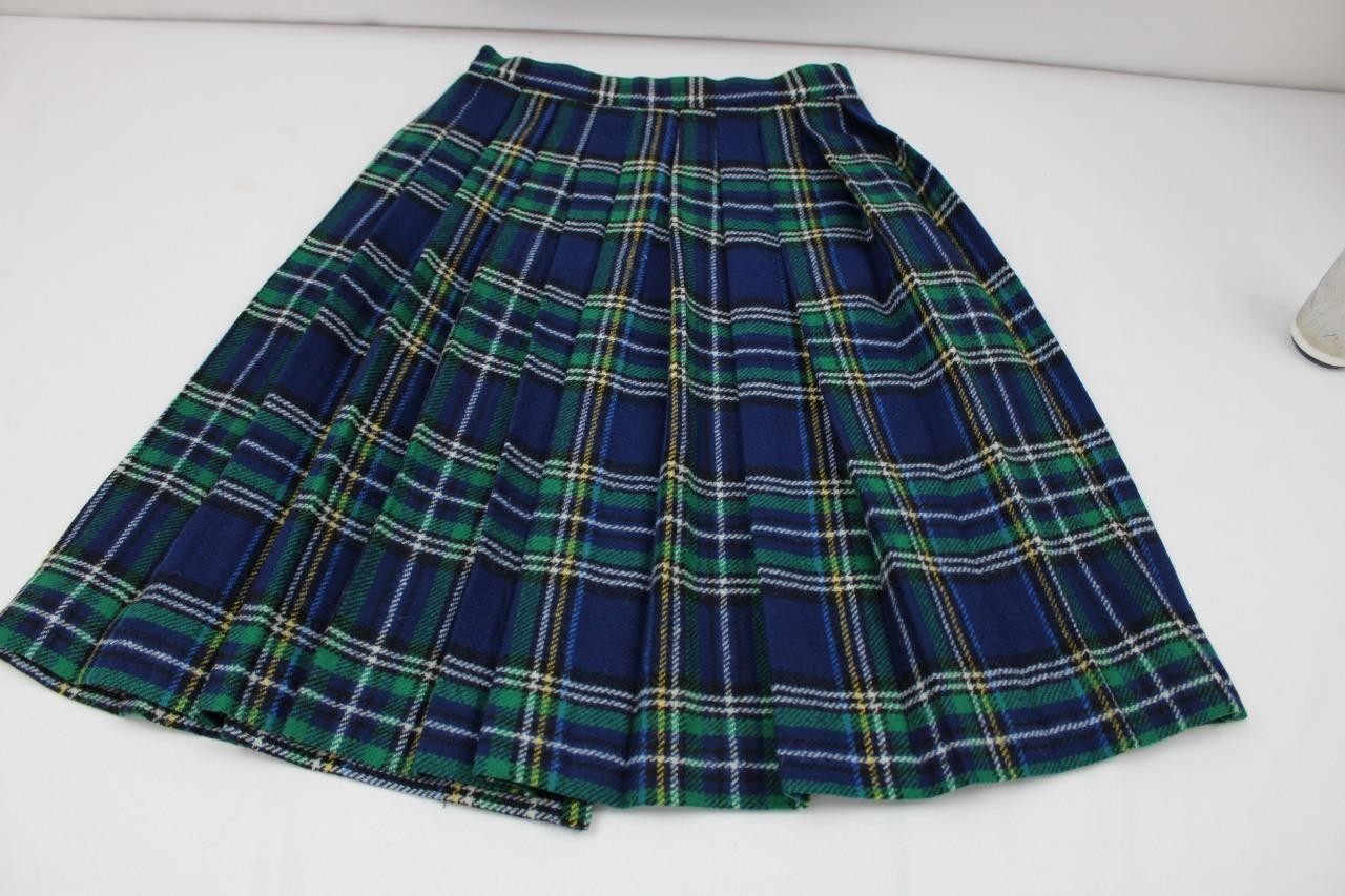 ANTIQUE GIRLTOWN BLUE PLAID MINI SKIRT SZ 0 JR,SCHOOL UNIFORM,UNION,PLEATED,WRAP