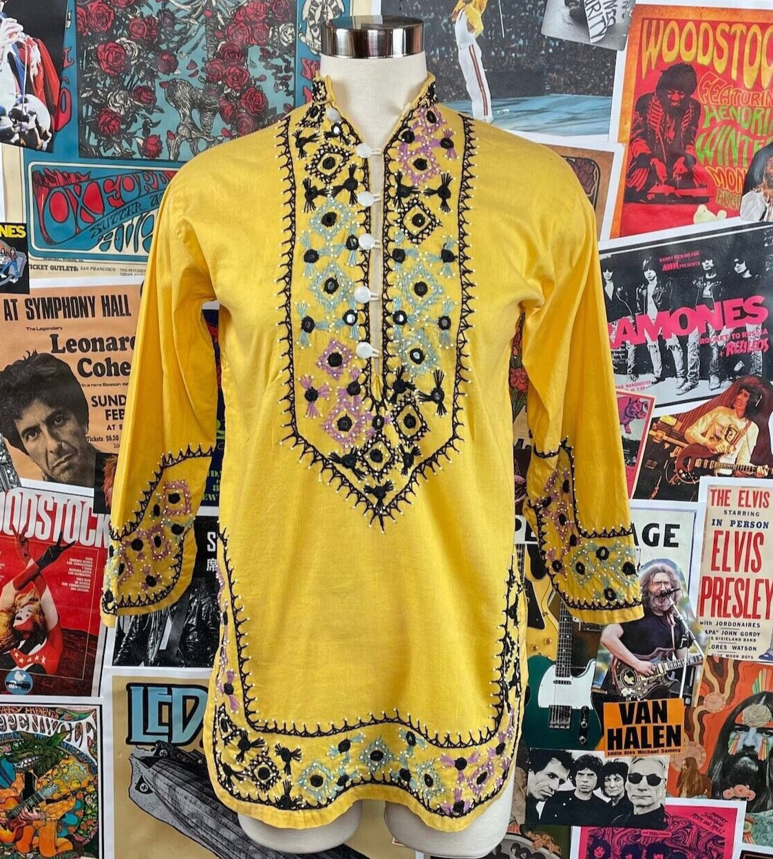 VTG 70s Yellow Embroidered India Cotton Hippie Nehru Tunic Shirt Womens PXS