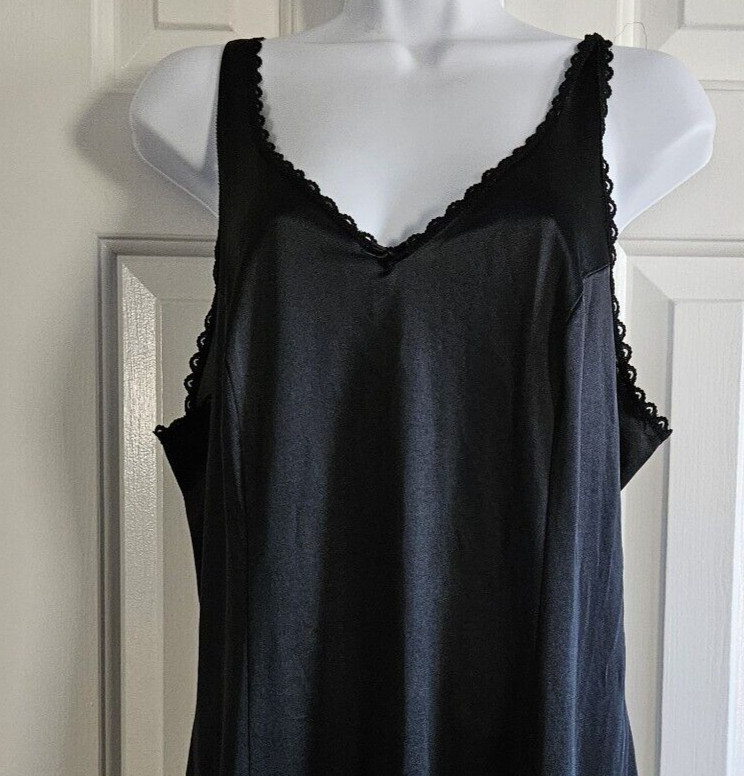 Warners Nightgown Slip Dress Vtg Black USA Lace Trim Scalloped Goth Satin L Bow