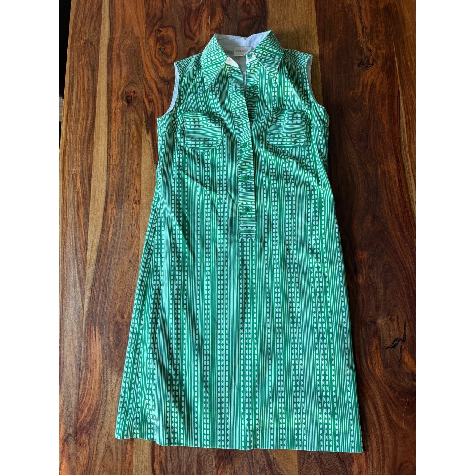 Vintage Wibor Green White Geometric Stripe Sleeveless Shift Shirt Dress 38 70s