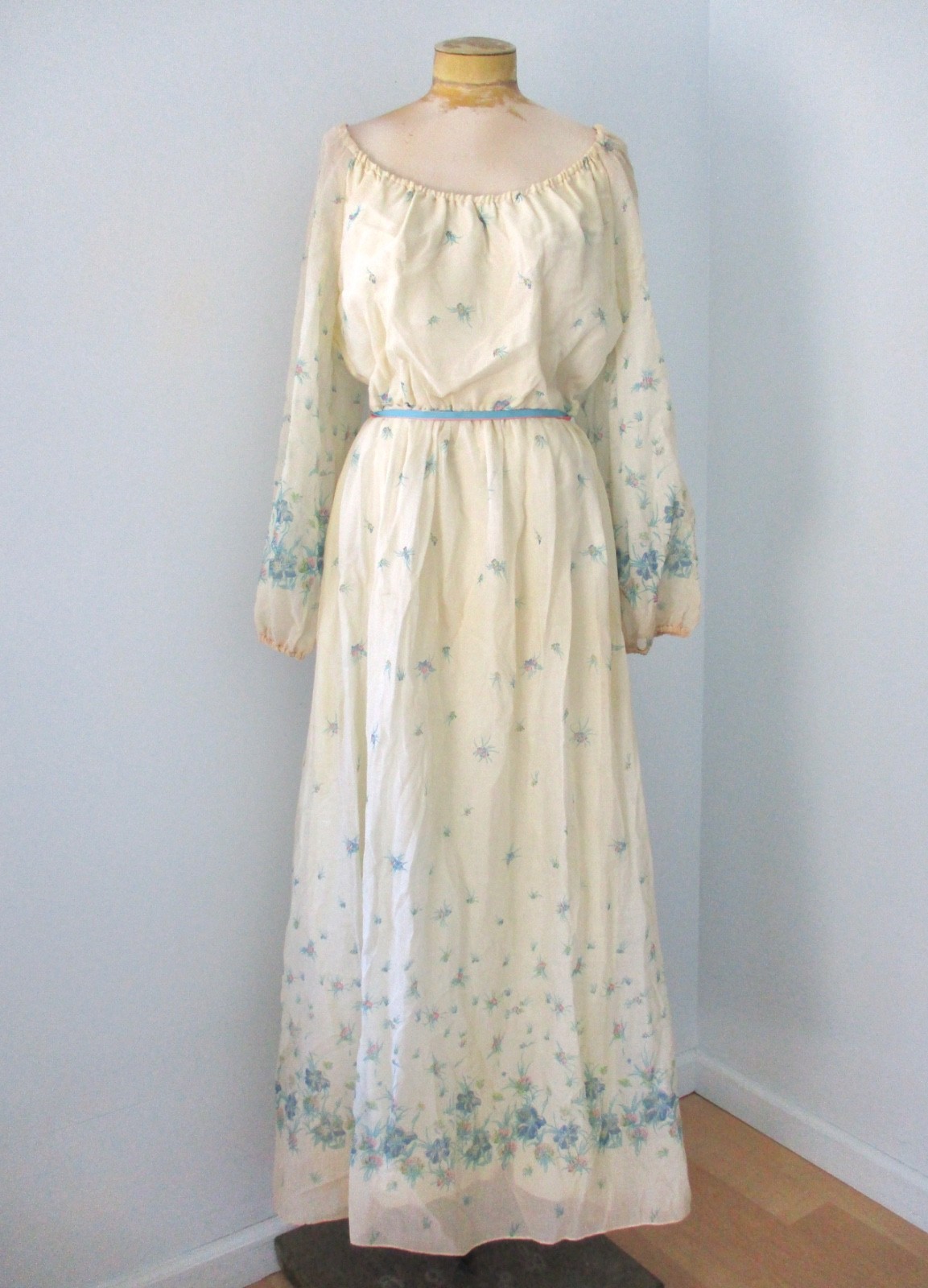 Vtg 60s 70s blue floral gauze hippy festival boho maxi dress off shoulder 18