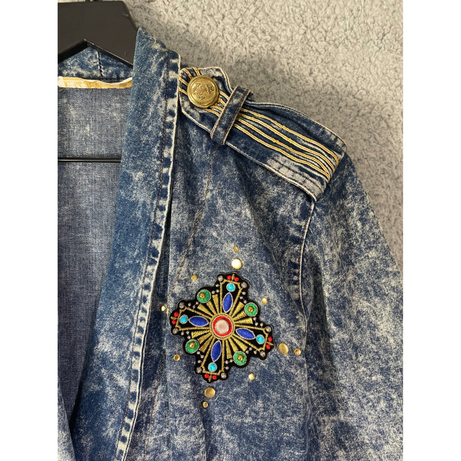 Vintage Acid Wash Denim Jacket Womens Small Military Embroidered 80s Crop