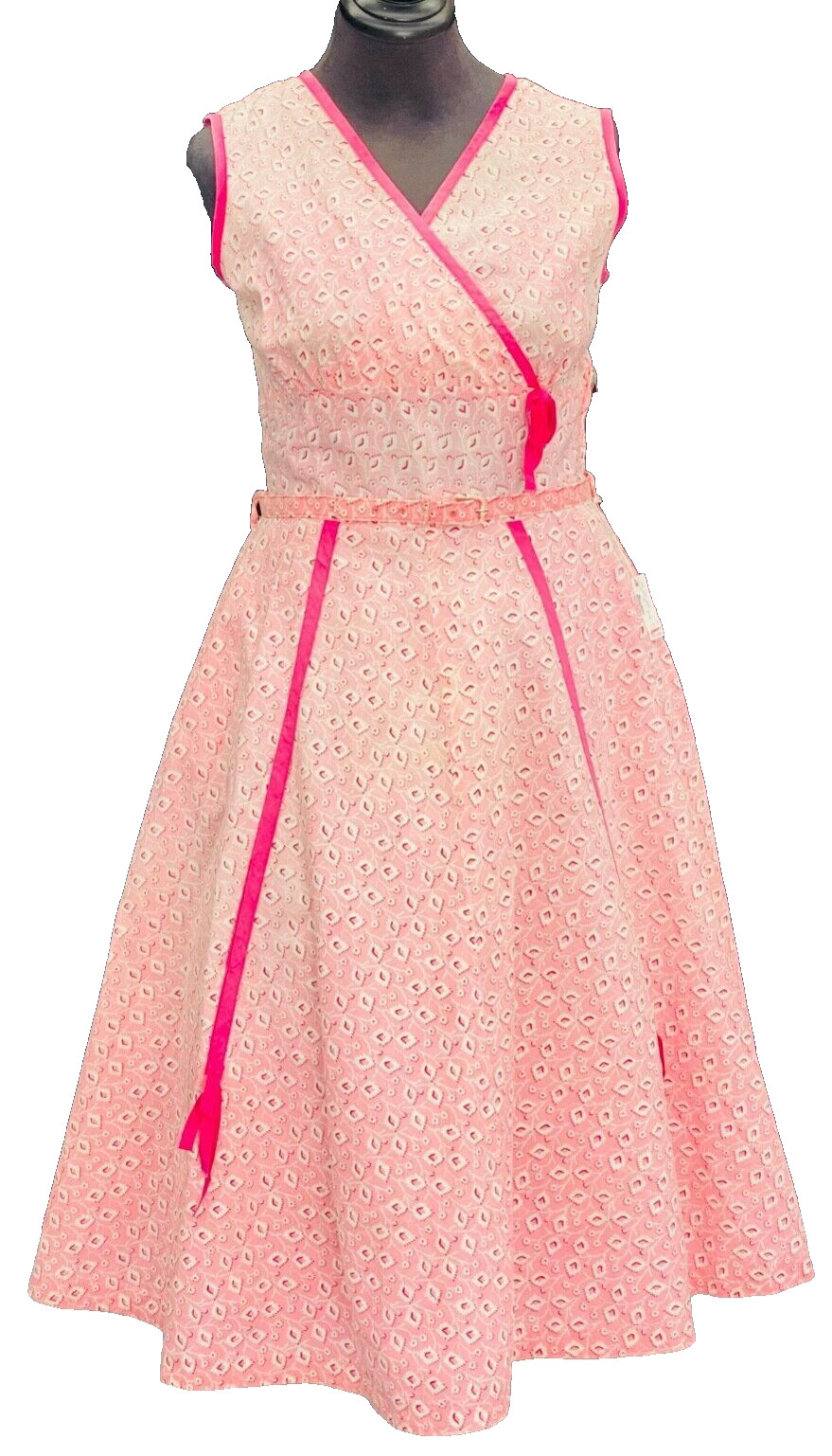 Vintage 1950s pink floral dress, cotton summer sleeveless pin up NWT deadstock L