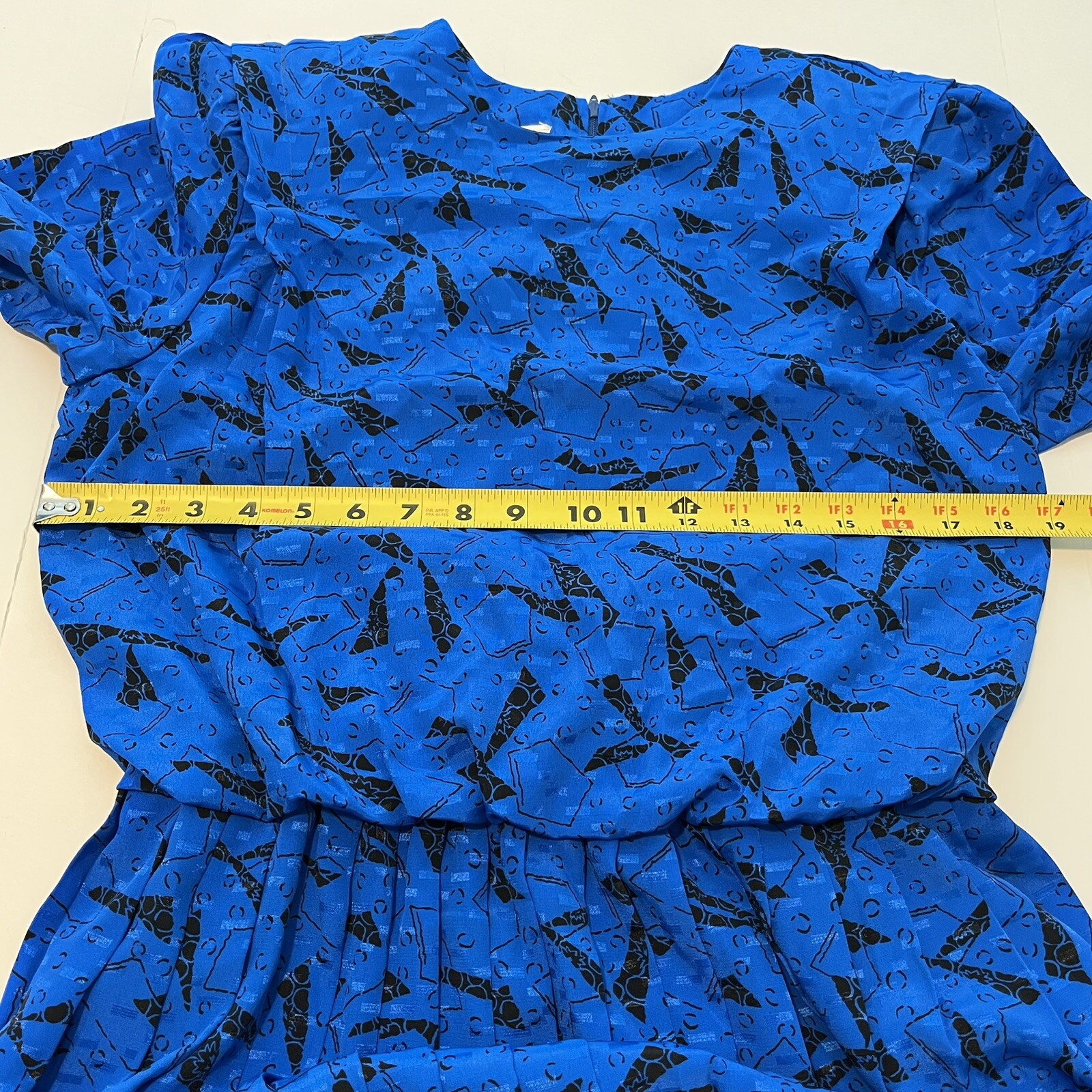 80s VLP Petites Blue Abstract Secretary Dress Elastic Waist Union Tag Vintage 14