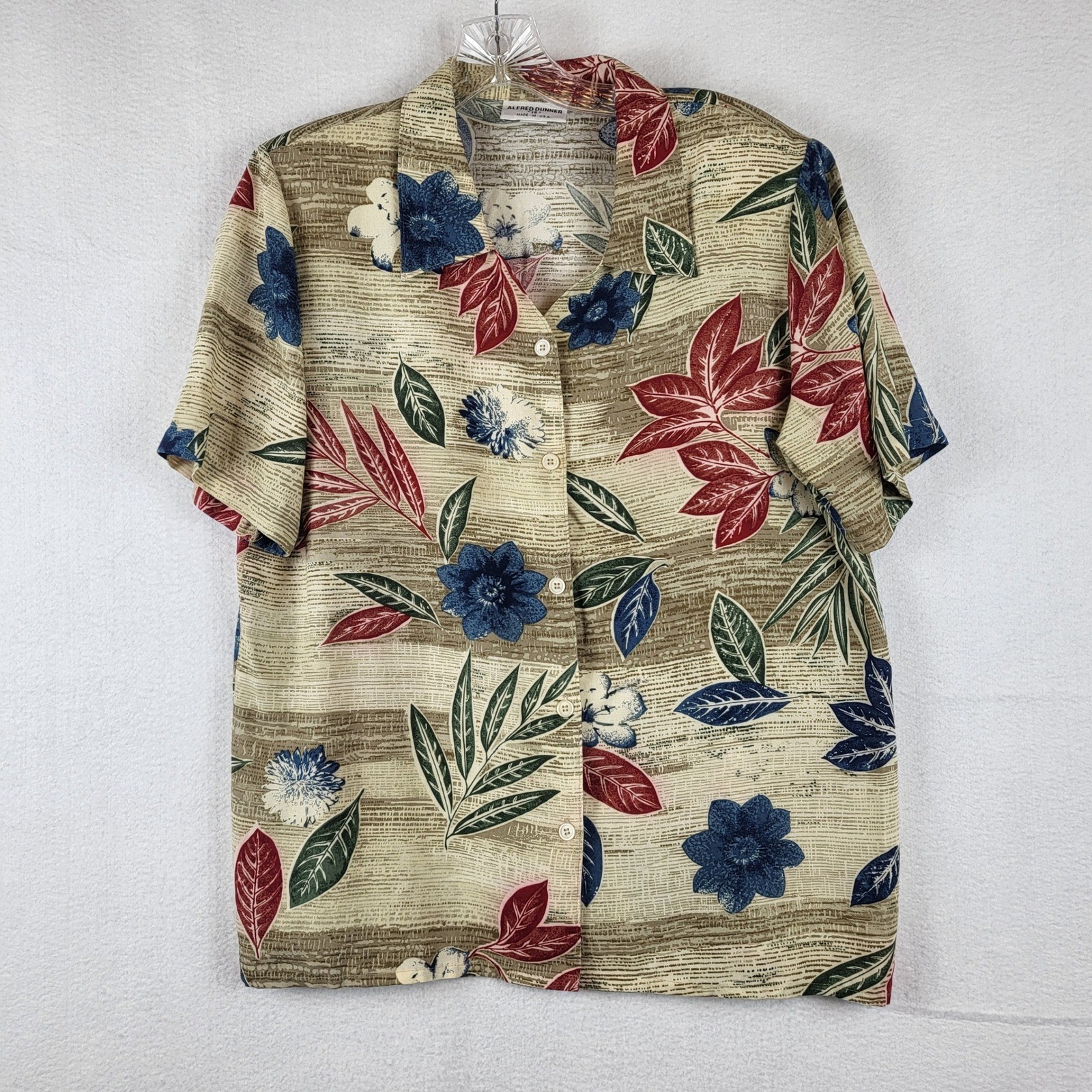 Alfred Dunner Vintage 90s Tropical Floral Button Down Blouse Tan Blue Red Sz 12