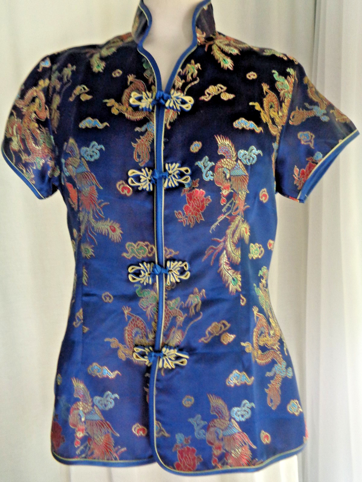 Vintage Chinese blouse blue peacocks flowers large