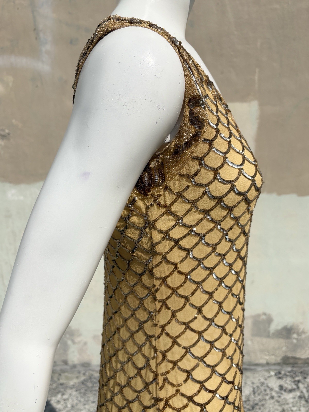 Vintage 1920s Flapper Dress Gold Sequin Silk Chiffon Fish Scale Beaded Gatsby S