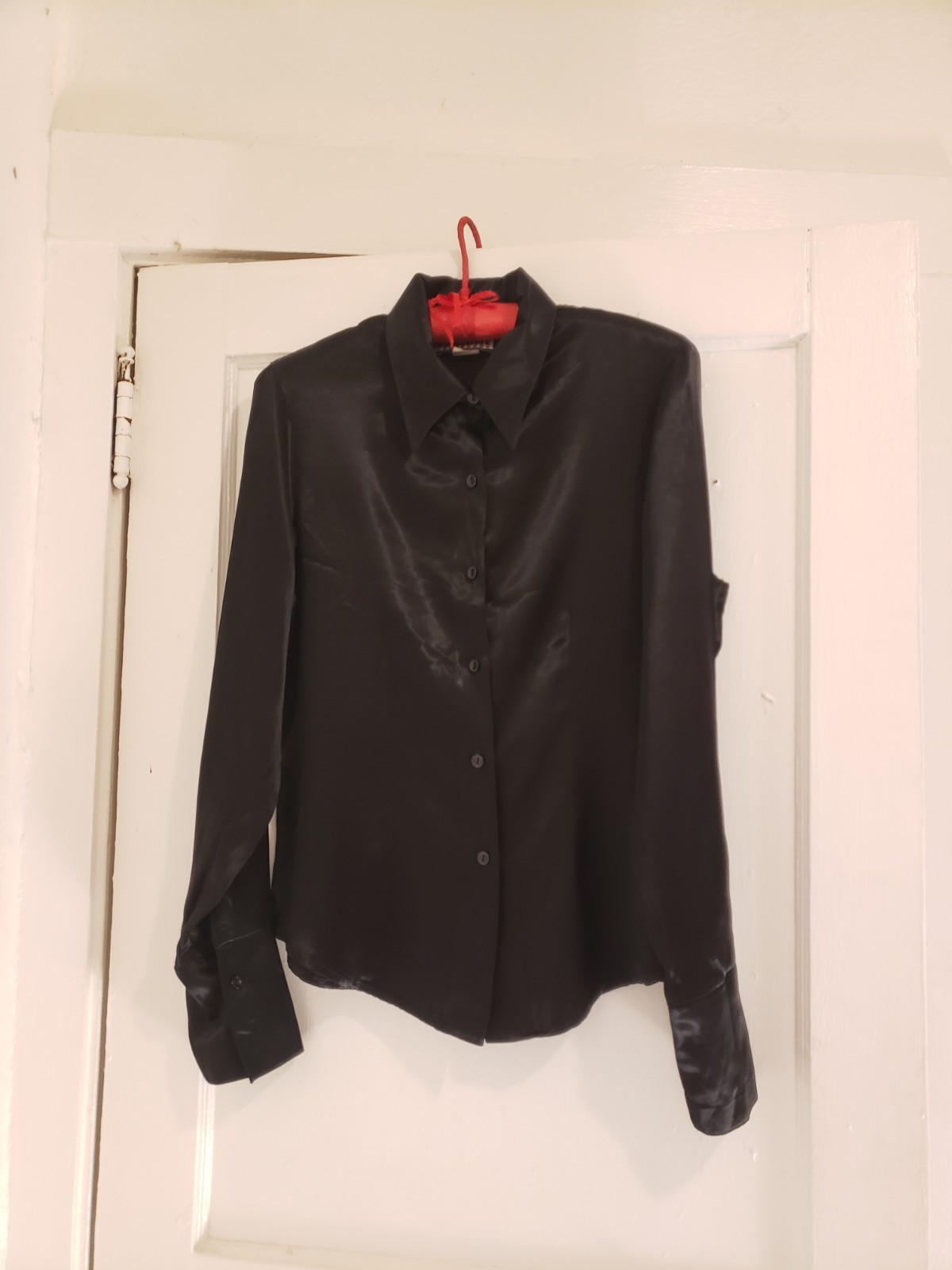 Vtg 90s Forenza Black Satin LS Button Shirt Collared Sz 12 / M L