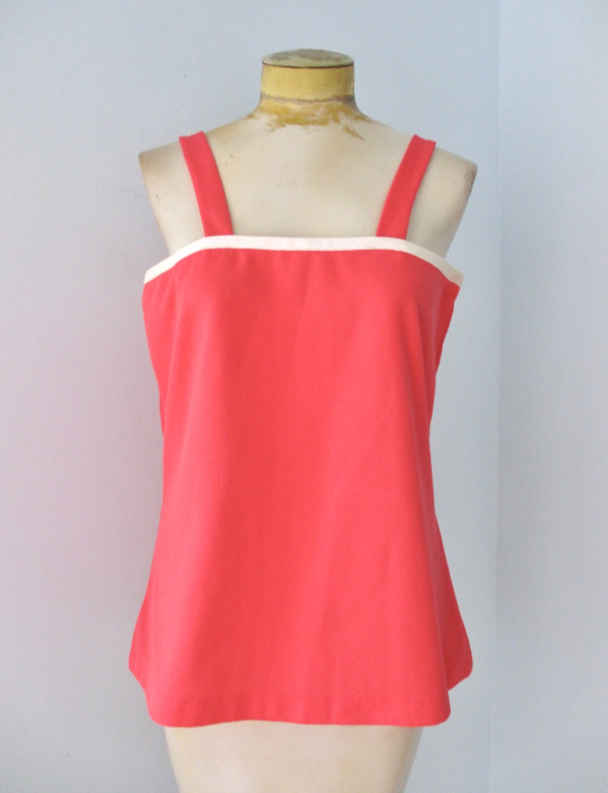 Vtg 60s 70s Mod Aldens Coral Pink Textured Poly Knit Boxy Pullover Tank Top 16