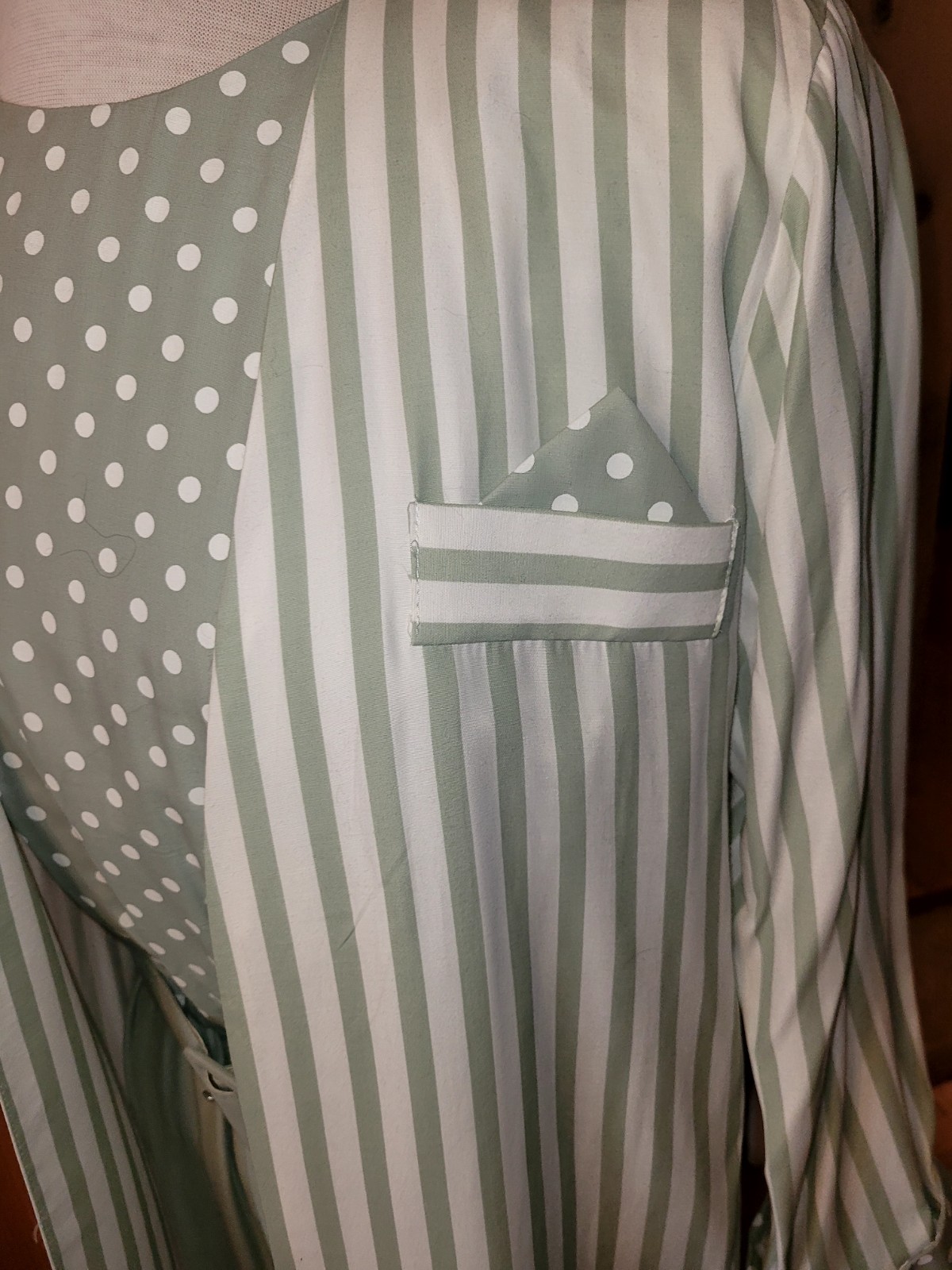 1980s STUART ALAN Sage Green Career Wear Polka Dot Belted Dress + Striped Jacket