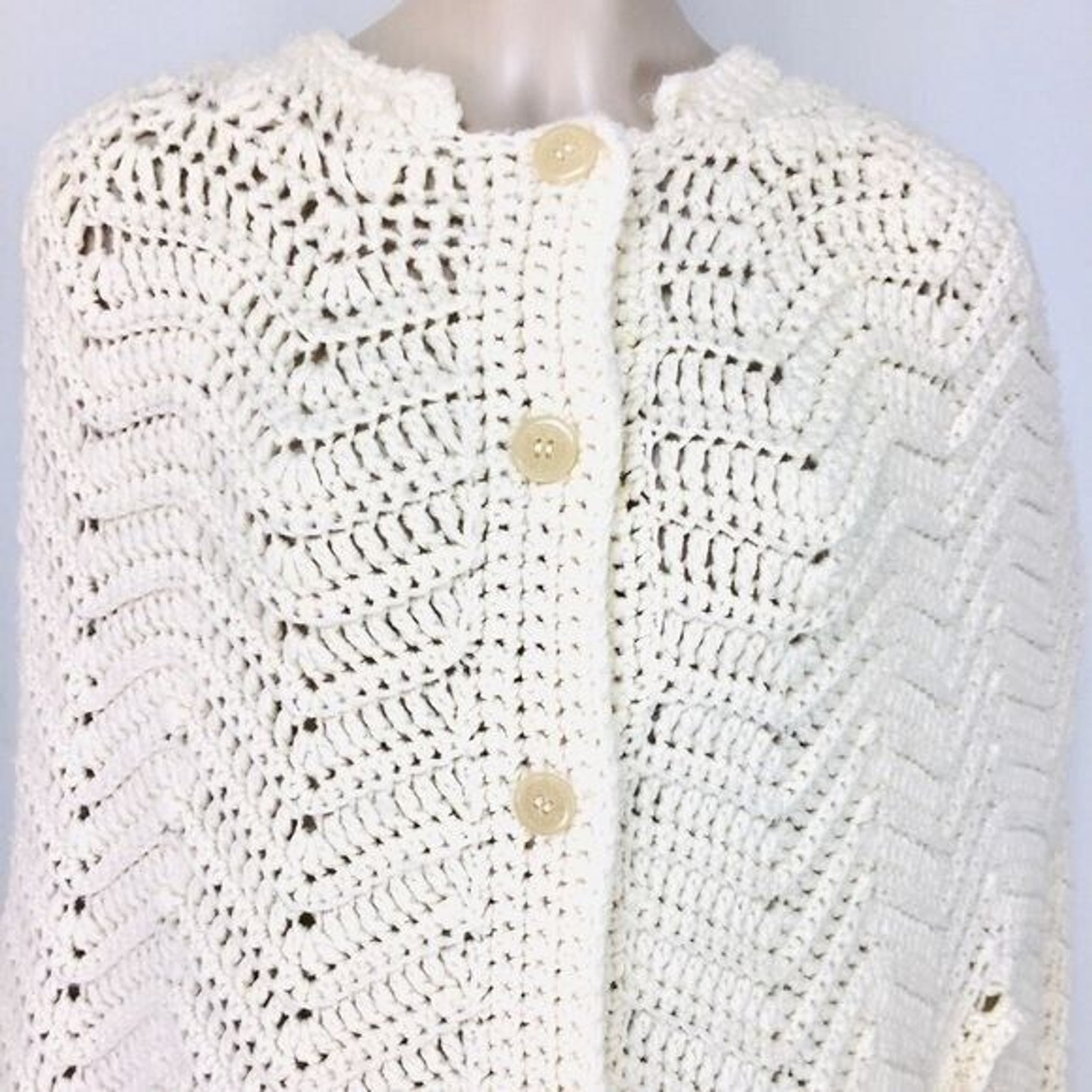 Vintage 70s Boho Hippie Creme Crochet Knit Bohemian Poncho Cape Long Sweater